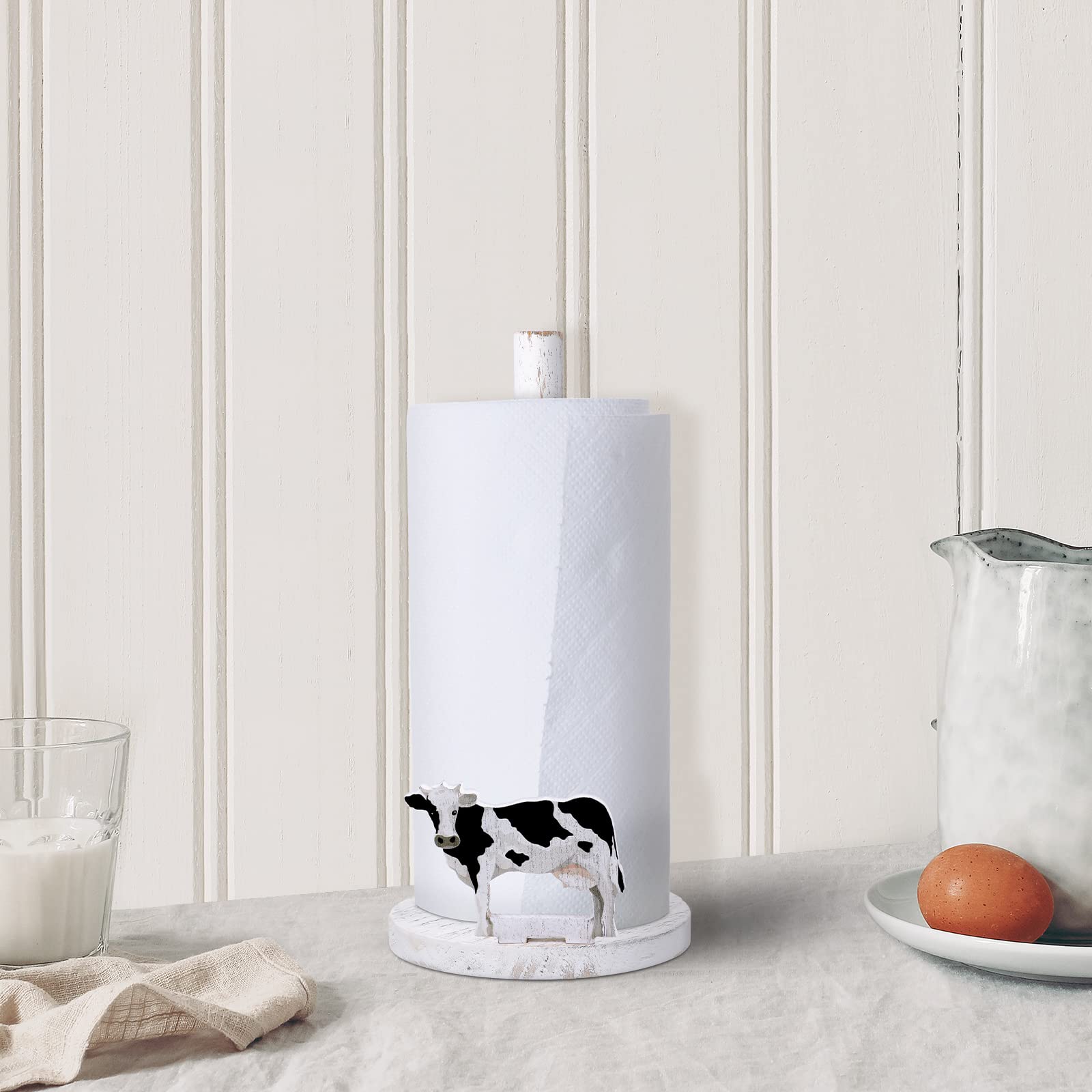 Farmhouse Cow Paper Towel Holder - Rustic Wooden Kitchen & Bathroom Countertop Organizer - Farmhouse Decor for Kitchen, Bathroom, or Dining Room - Perfect Housewarming Gift for Cow Lovers