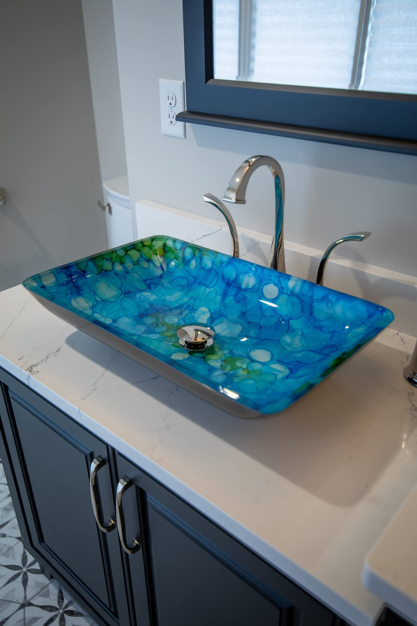 Blue and Green Water Lilies Rectangular Glass Vessel Sink for Bathroom - Modern Art Decor Vanity Sink for Home & Hotel Use - Perfect for Spa, Powder Room, and Luxury Bathroom Renovations