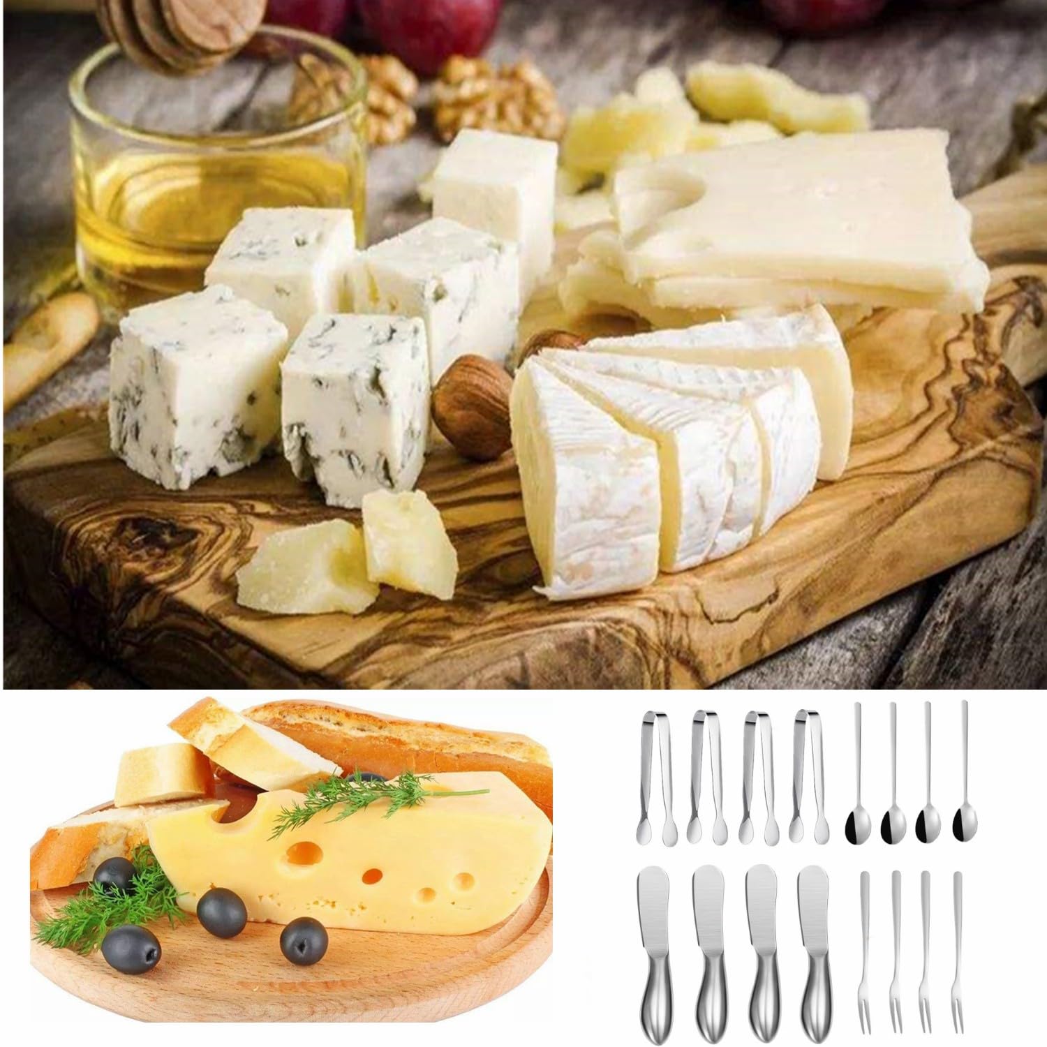 16-Piece Stainless Steel Cheese & Butter Spreader Knife Set - Mini Serving Utensils for Charcuterie Boards (Includes Tongs, Spoons & Forks) - Perfect for Cheese Platters, Pastries, Parties & Entertaining