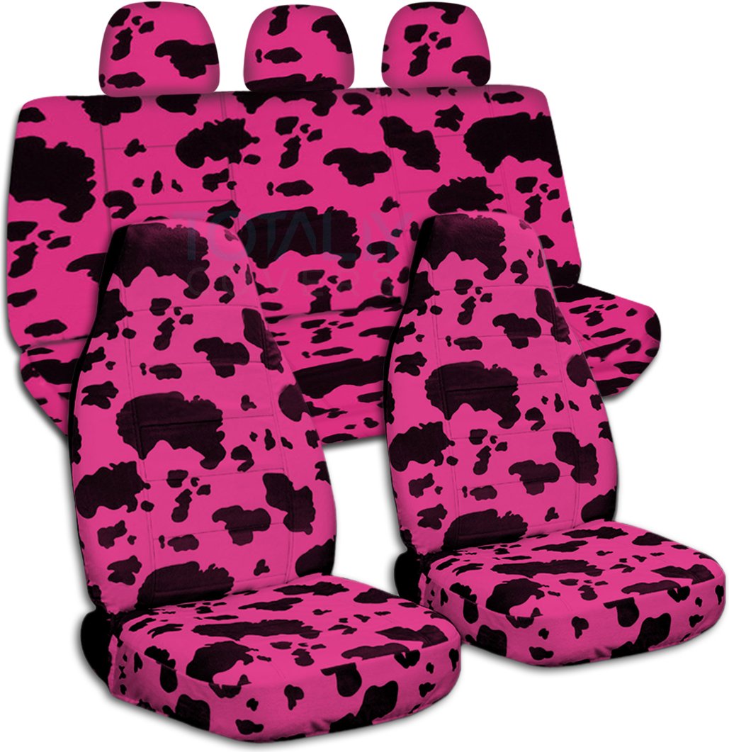 Universal Animal Print Car Seat Covers - Pink & Black Cow Pattern Full Set with 3 Rear Headrests | Fits Front Buckets & Rear Bench | Airbag, Seat Belt, Armrest, Release Lever Compatible | Perfect for SUVs, Trucks & Family Vehicles