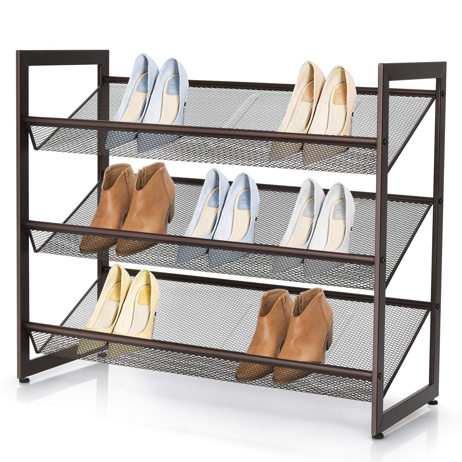 Giantex 3-Tier Metal Shoe Rack Organizer - Adjustable Angled/Flat Mesh Shelves Holds 9-12 Pairs - Freestanding Shoe Storage for Entryway, Closet, Bedroom & Hallway - Space Saving Shoe Organizer for Small Apartments & Dorm Rooms