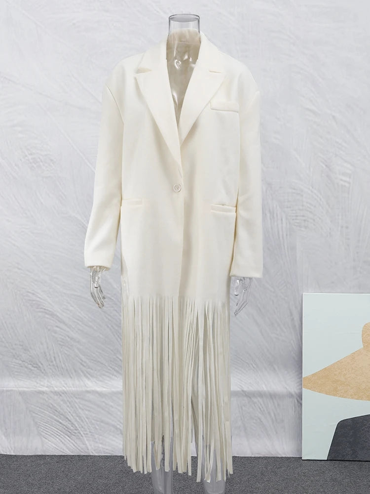 2023 Women's Autumn Wool Blend Tassel Coat with Lapel, Full Sleeves & Pockets - Fashionable Streetwear Overcoat for Fall Outfits & Casual Wear