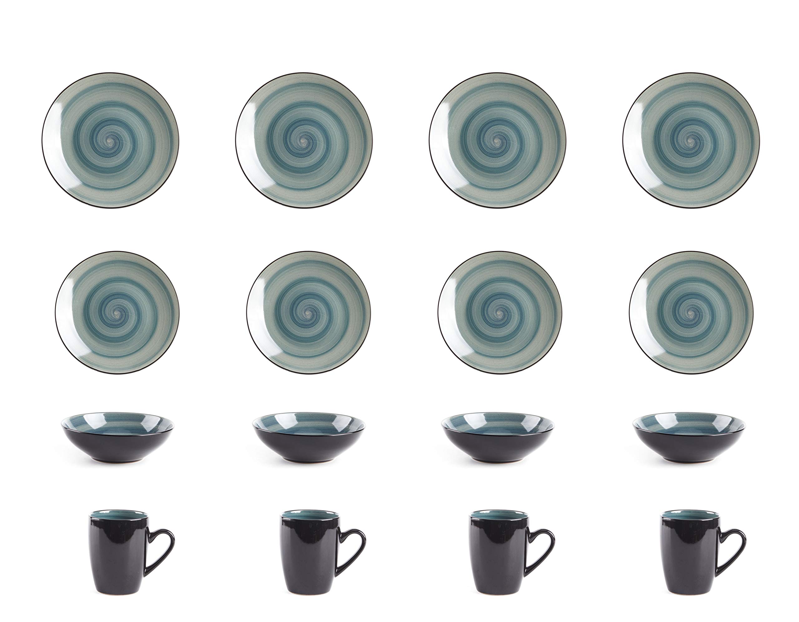 Stoneware Sonoma 16-Piece Dinnerware Set in Black & Speckled Spin Wash Blue - Elegant Dinner Plates, Bowls & Mugs for Everyday Dining & Entertaining