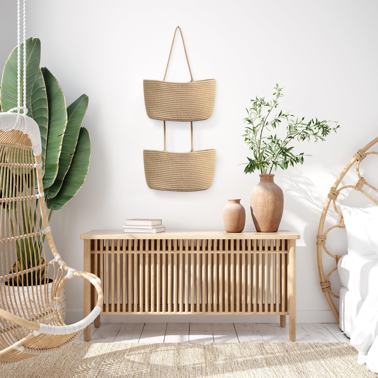 TeoKJ 2-Tier Woven Cotton Over the Door Hanging Basket - Wall Mounted Storage Organizer for Kitchen, Bathroom & Bedroom - Jute Decorative Storage Baskets - Perfect for Fruits, Vegetables, Toys & Towels