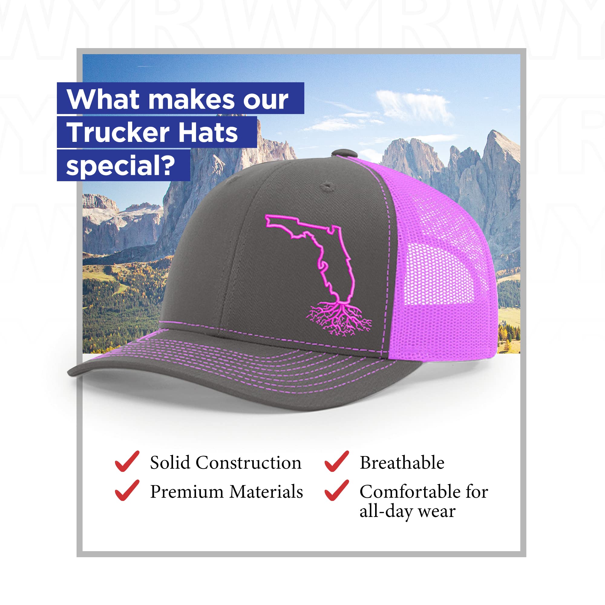 Florida Roots Snapback Hat - Stylish Unisex Baseball Cap with Mesh Back, Polyester Cotton Blend, Six-Panel Trucker Design, Universal Fit (Charcoal & Pink) - Perfect for Outdoor Activities, Sports & Casual Wear