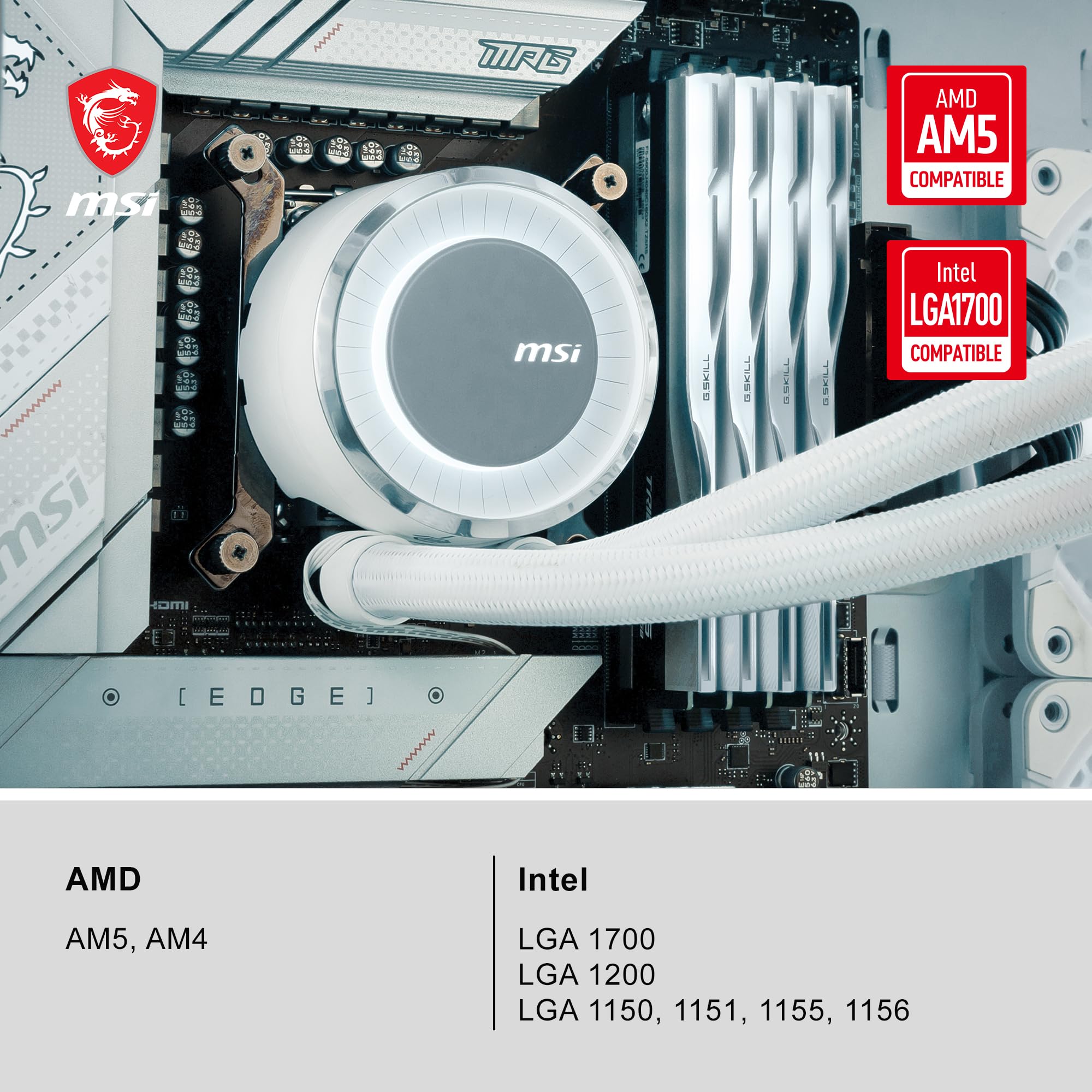 MSI MAG CORELIQUID E240 White AIO RGB CPU Liquid Cooler - 240mm Radiator with Dual 120mm ARGB PWM Fans - Premium Cooling for Gaming PC & Workstation Builds