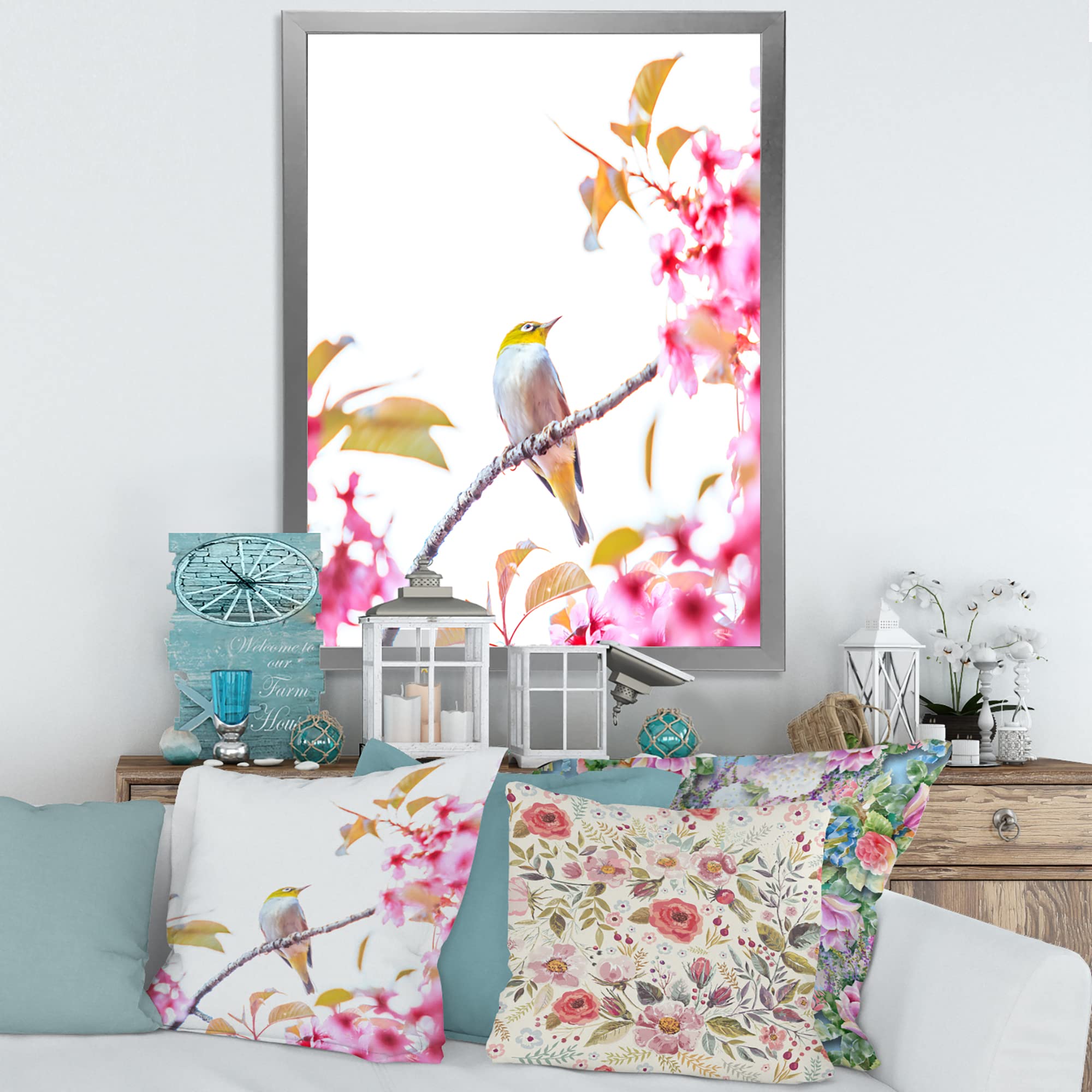 DesignQ Traditional Framed Wall Art - Cherry Blossom Bird Painting - Home Decor for Living Room, Bedroom & Office