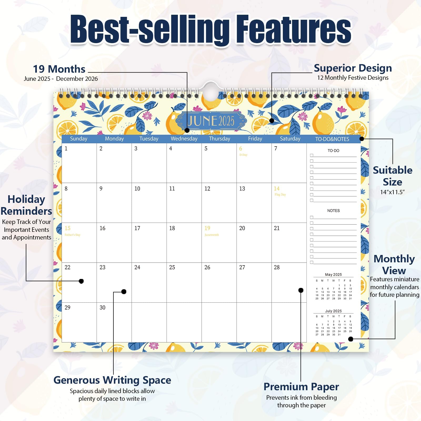 GuassLee 2025-2026 Wall Calendar - 19 Month Academic Planner from June 2025 to December 2026 with To-Do List & Notes Section - 14