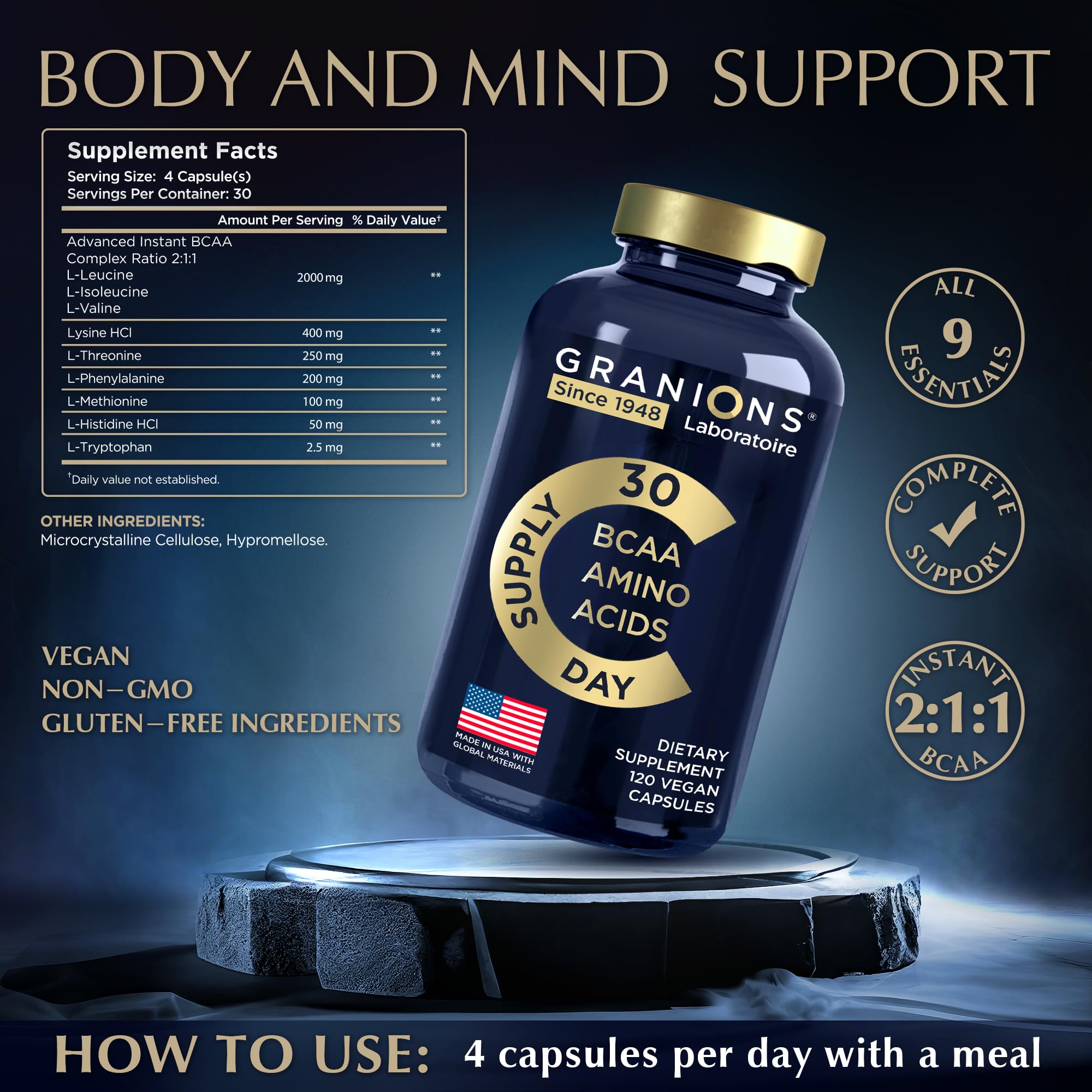 Premium Essential Amino Acids (EAA) Supplement with All 9 BCAAs - Vegan Muscle Recovery Formula for Men & Women - Leucine, Lysine, Tryptophan for Energy & Performance - 120 Capsules - Ideal for Workout Recovery, Athletes & Fitness Enthusiasts