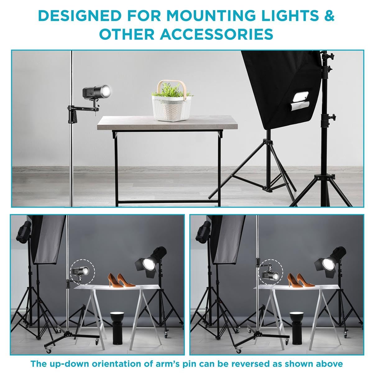 Flashpoint RB-PG Heavy Duty Steel Wheeled Pistol Grip Light Stand for Photography - 6.5' Max Height, 22 Lbs Load Capacity with Sliding Arm & Chrome-Plated Column - Perfect for Studio, Portrait, and Video Lighting Setups