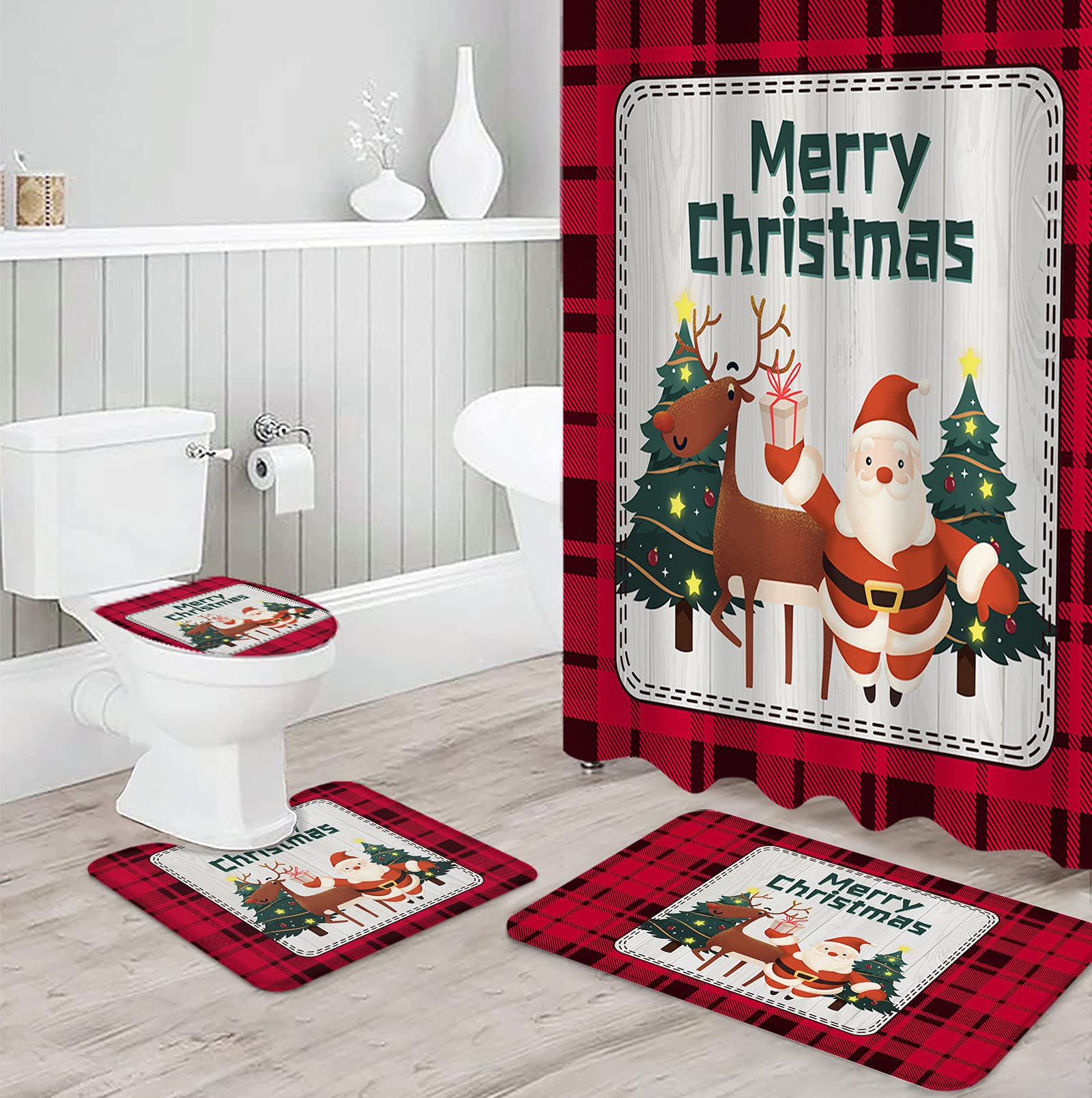4-Piece Christmas Shower Curtain Set with 12 Hooks - Merry Christmas Elk & Santa Claus Red Black Plaid Bathroom Decor - Includes Non-Slip Bath Mat & Toilet Lid Cover - Waterproof & Durable for Holiday Bathroom Decorating (Perfect for Christmas Gifts & Festive Home Decor)