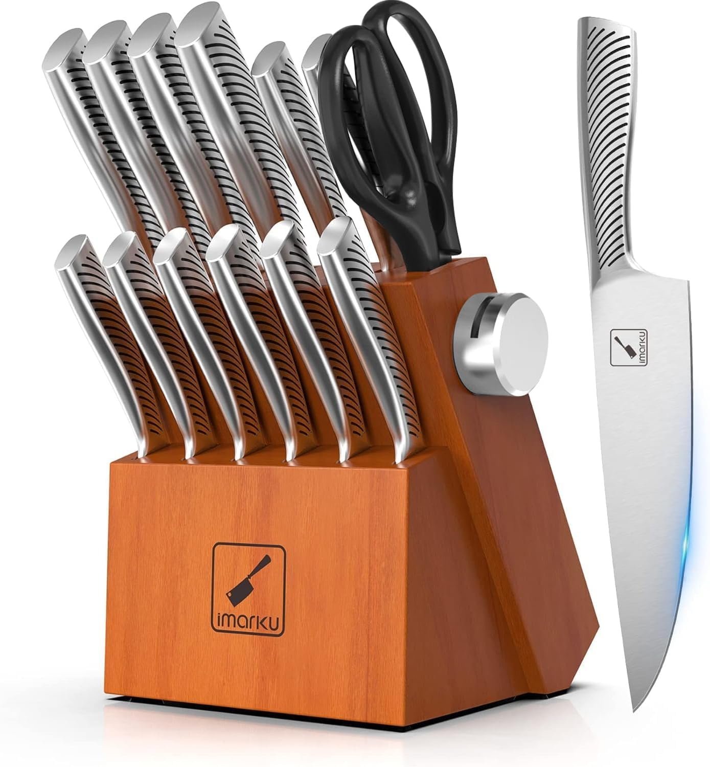 IMARKU 14-Piece High Carbon Stainless Steel Knife Set with Wooden Block - Professional Kitchen Knives with Built-in Sharpener, Dishwasher Safe, Ergonomic Anti-Slip Handles - Perfect for Home Chefs, Cooking Enthusiasts & Wedding Gifts