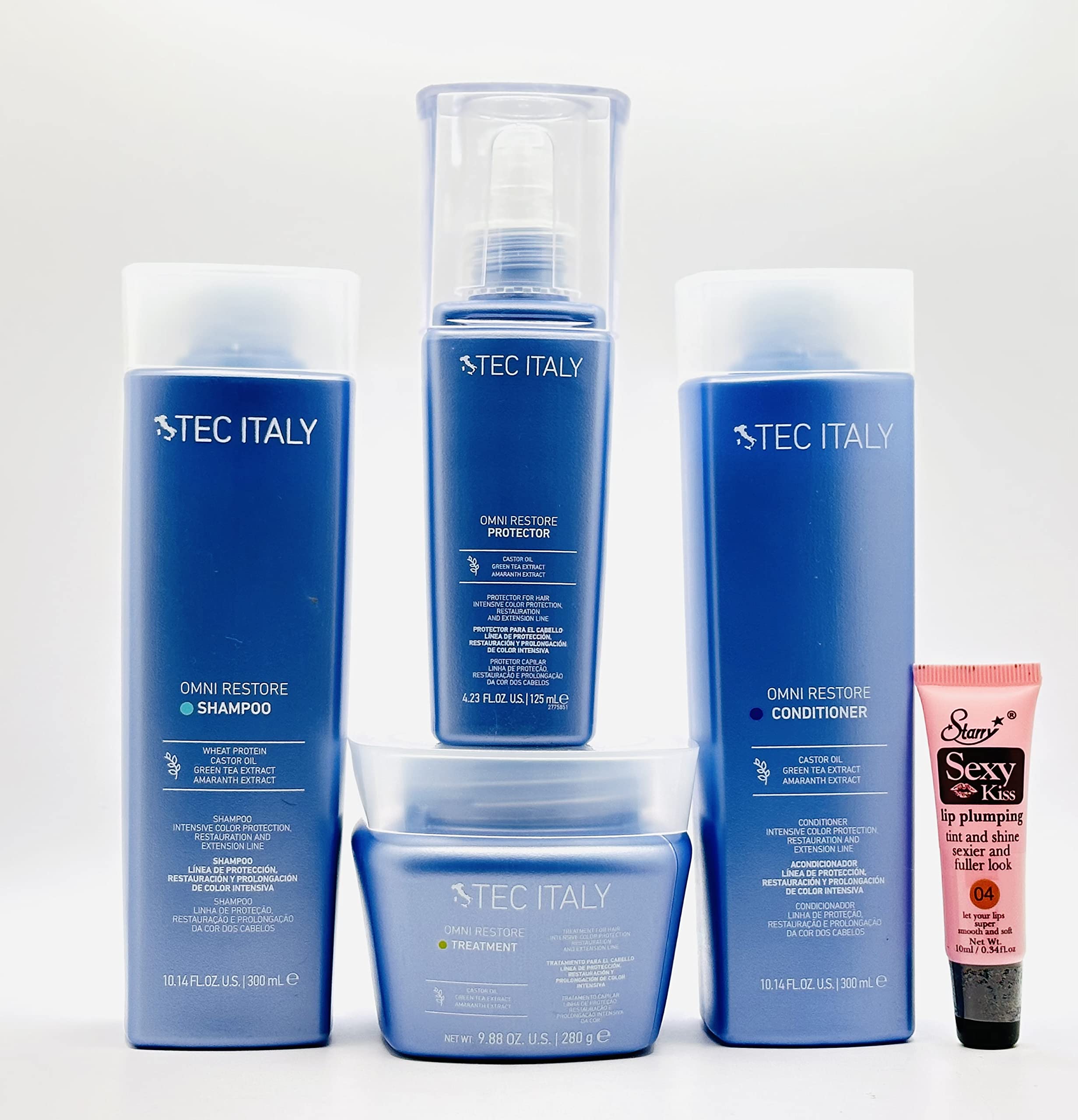 Tec Italy Omni Restore Hair Care Kit - Shampoo (10.14 oz), Conditioner (10.14 oz), Treatment (9.88 oz) & Protector Oil (4.23 oz) with Free Starry Lip Plumping Gloss (10ml) - For Damaged Hair Repair & Hydration - Perfect for Salon-Quality Treatment at Home
