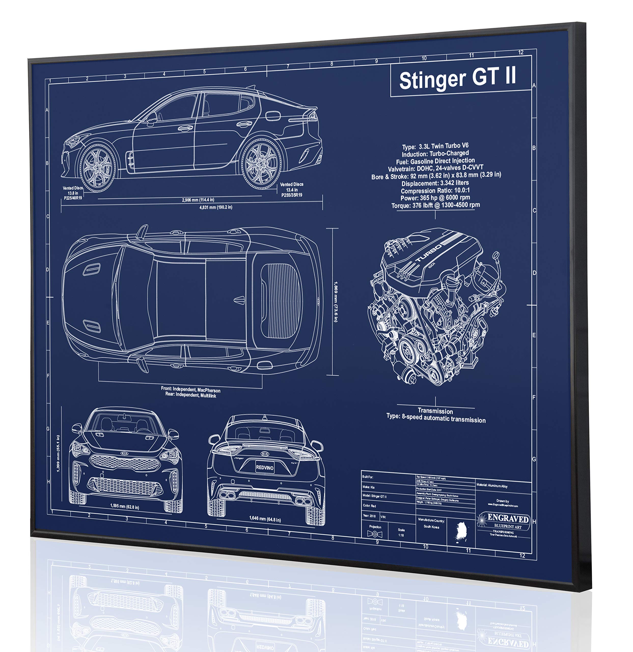 Stinger GT II Blueprint Artwork - Laser Engraved & Customizable - Perfect Automotive Gift for Car Enthusiasts, Office Decor, Man Cave Wall Art
