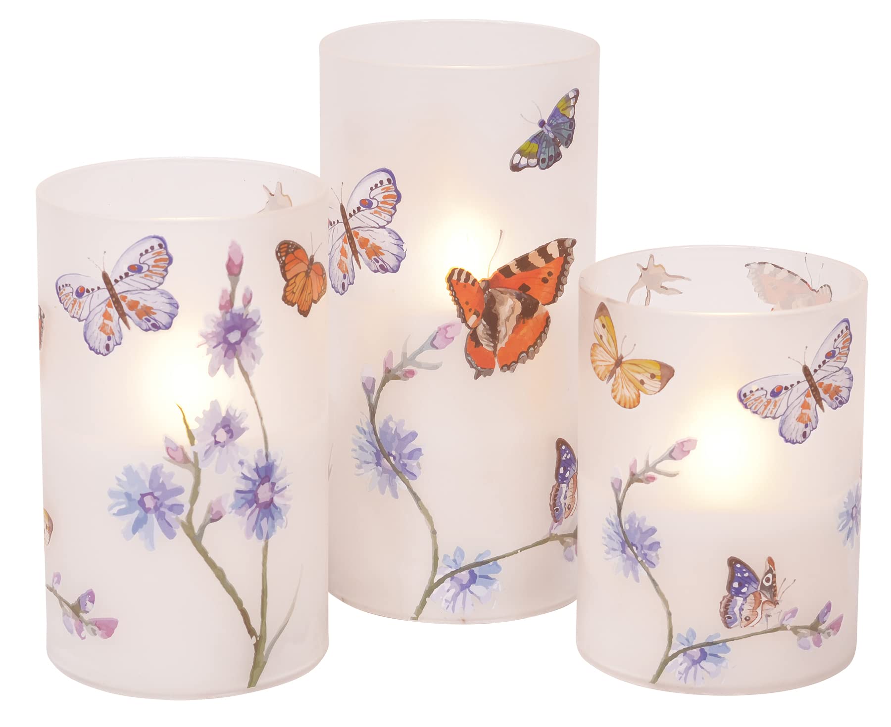 Flameless LED Glass Pillar Candles Set of 3 - 6 Inch Butterflies & Wildflowers Design by Mark Feldstein - Battery Operated Decorative Candles for Home, Wedding, Party & Romantic Ambiance Lighting