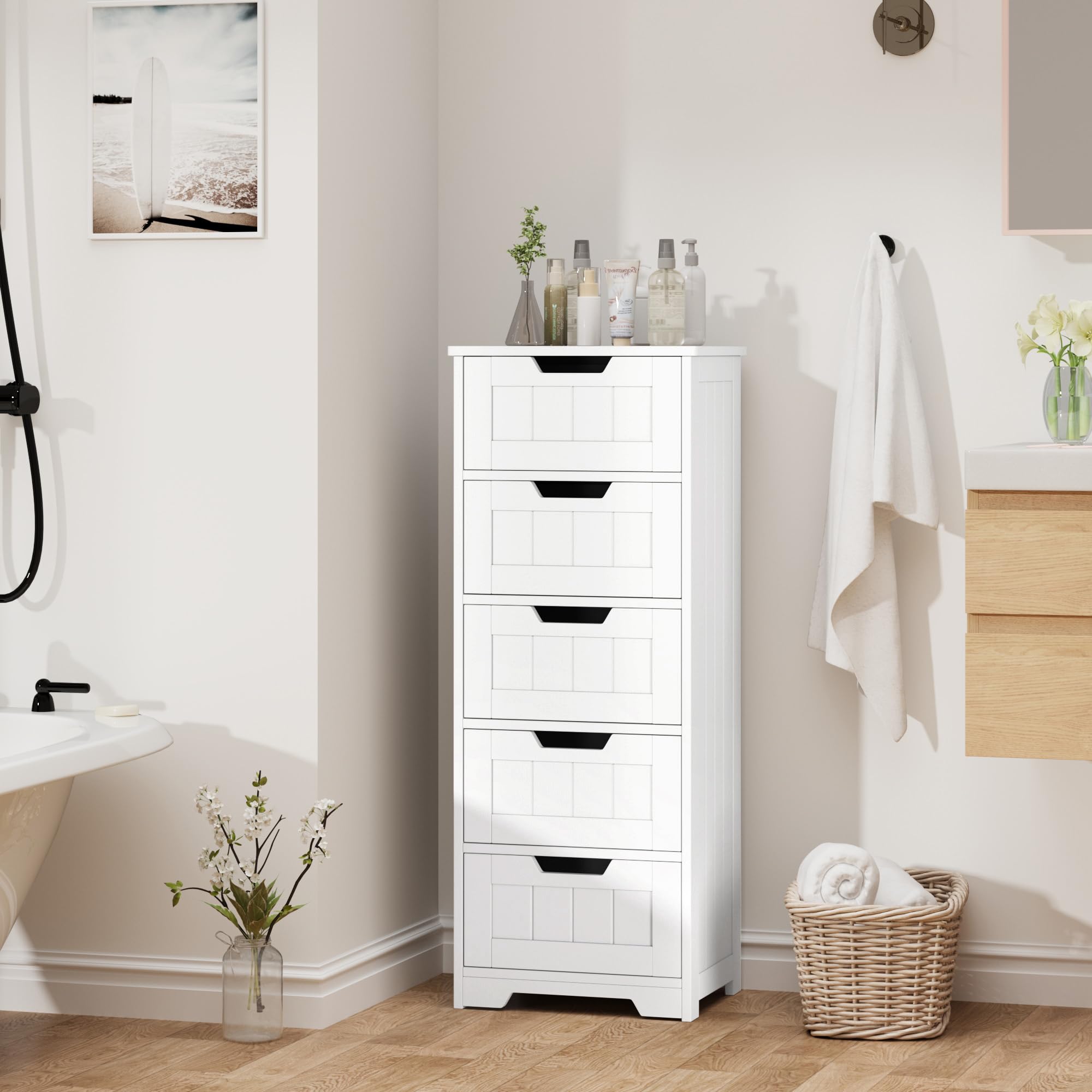 FOTOSOK 5-Drawer Bathroom Storage Cabinet - White Wooden Floor Cabinet with Cut-Out Handles, 11.8”x15.7”x32.5” - Perfect for Bathroom, Hallway & Living Room Organization