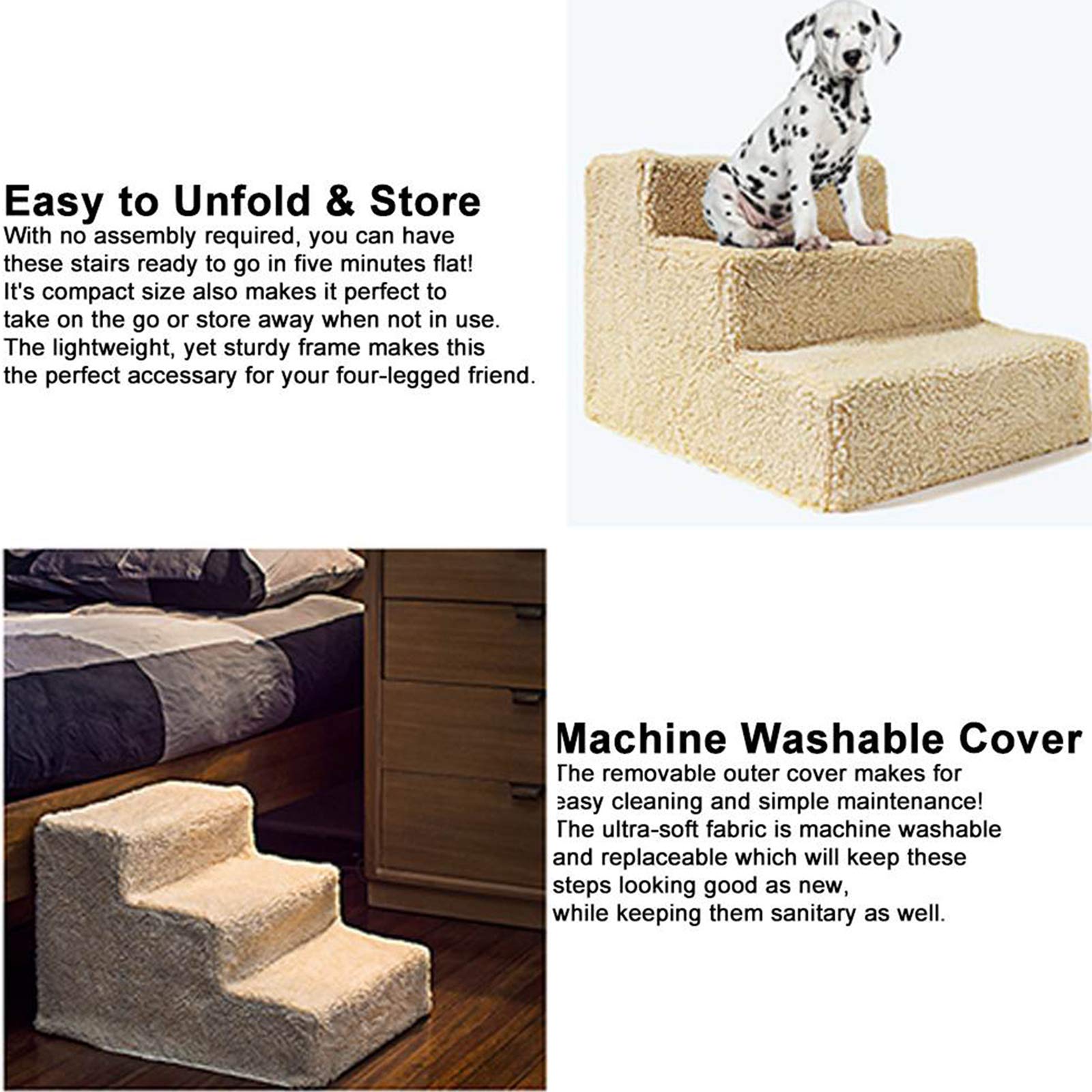 Pet Stairs for Dogs & Cats - 3-Step Soft Padded Ladder for Sofa/Bed - Lightweight & Portable, Supports 40lbs