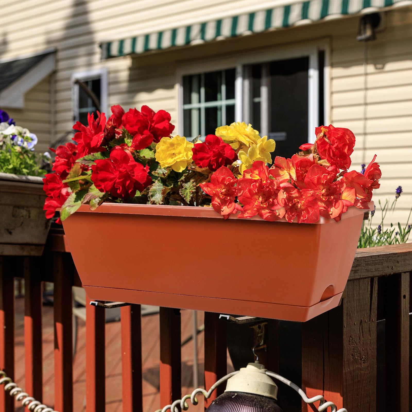 12Pcs 17-Inch Rectangle Plastic Planter Box with Drainage Holes & Trays - Indoor Outdoor Flower Pots for Plants, Patio, Garden, Home Decor, Porch, Yard - Perfect for Herbs, Succulents, Flowers & Vegetable Gardening (Red)