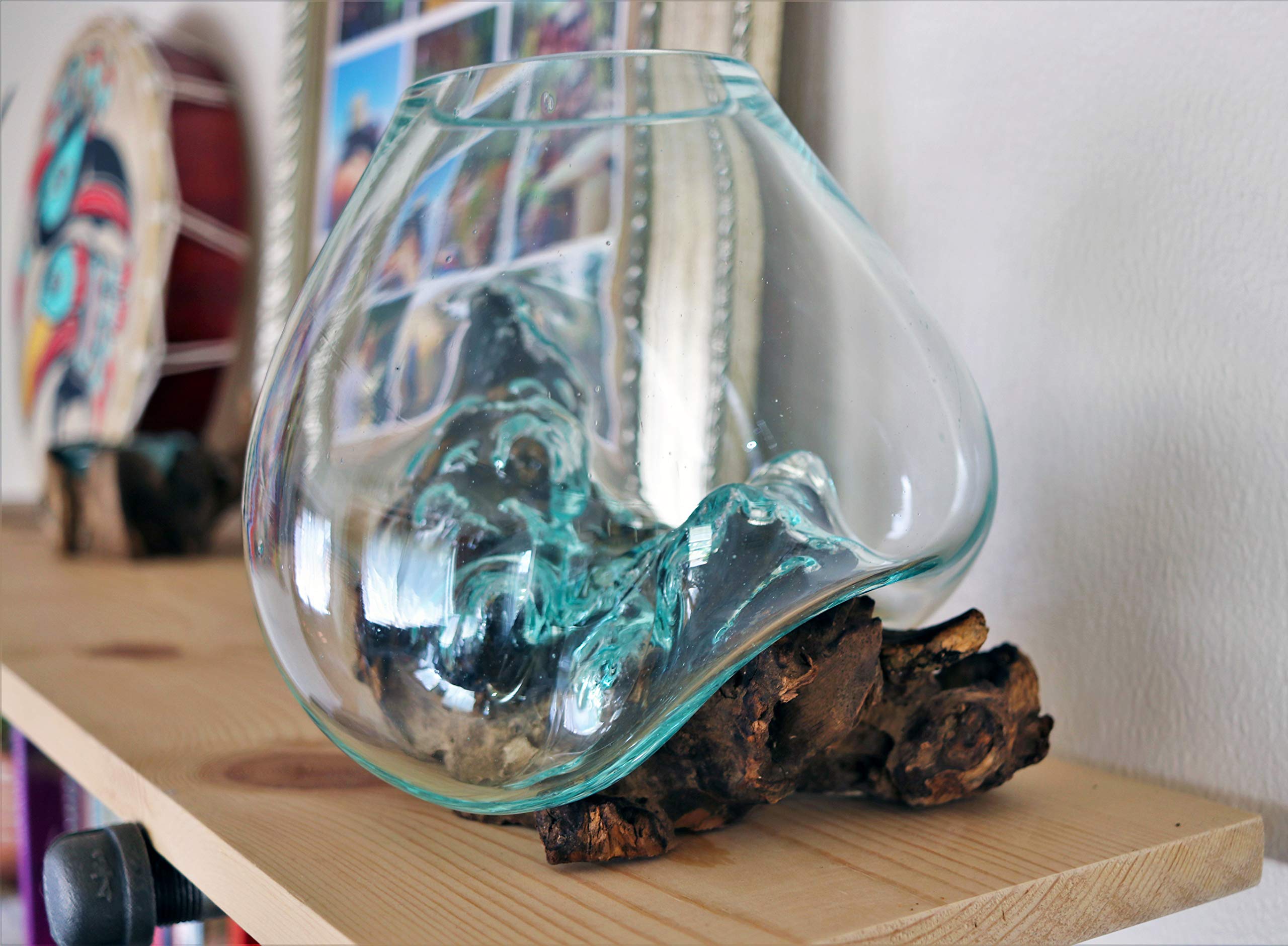 Natural Wood & Recycled Glass Molten Sculpture Terrarium Container - 8