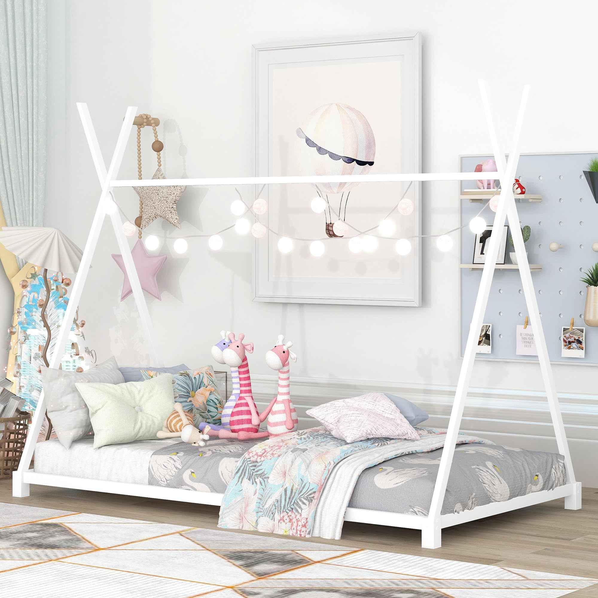 Montessori Twin Floor Bed Frame with Slats & Triangle Structure - Sturdy White House Bed for Kids, Boys & Girls - Perfect for Montessori Bedrooms, Playrooms & Safe Toddler Sleep Spaces