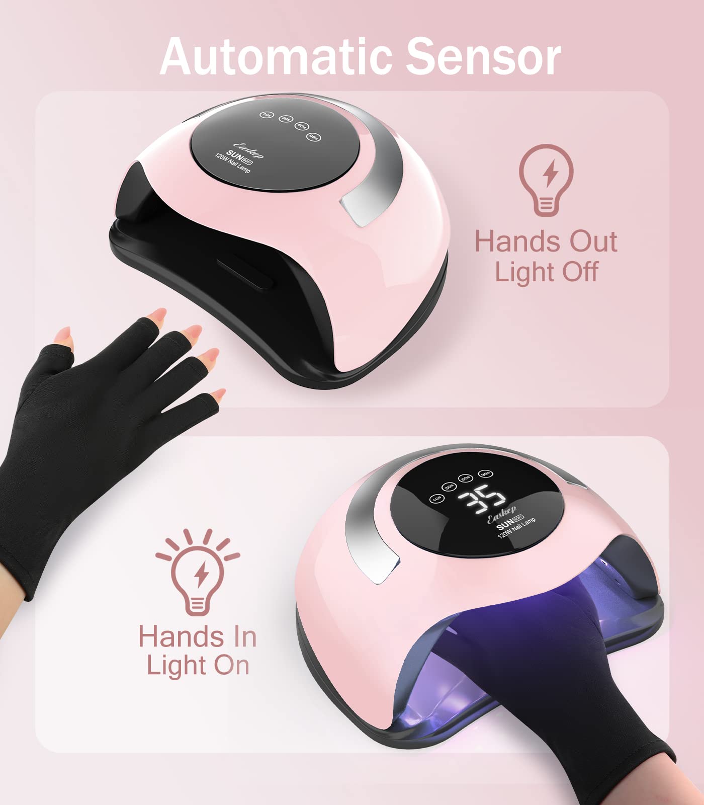 Easkep 120W UV LED Nail Lamp with UV Gloves Kit - Professional Gel Nail Dryer for Home & Salon Use - Perfect for Gel Polish Curing, Manicures & Pedicures