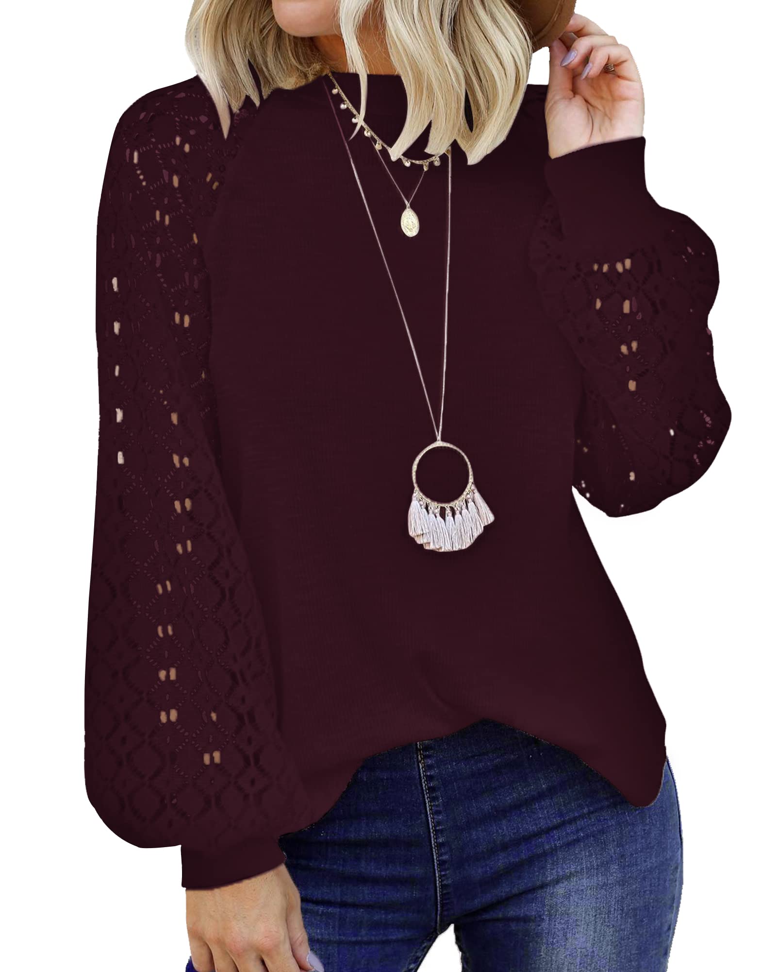 PLOKNRD Women's Long Sleeve Lace Waffle Knit Blouse - Casual Loose Fit T-Shirt Top for Fall & Winter | Perfect for Office, Date Night & Everyday Wear