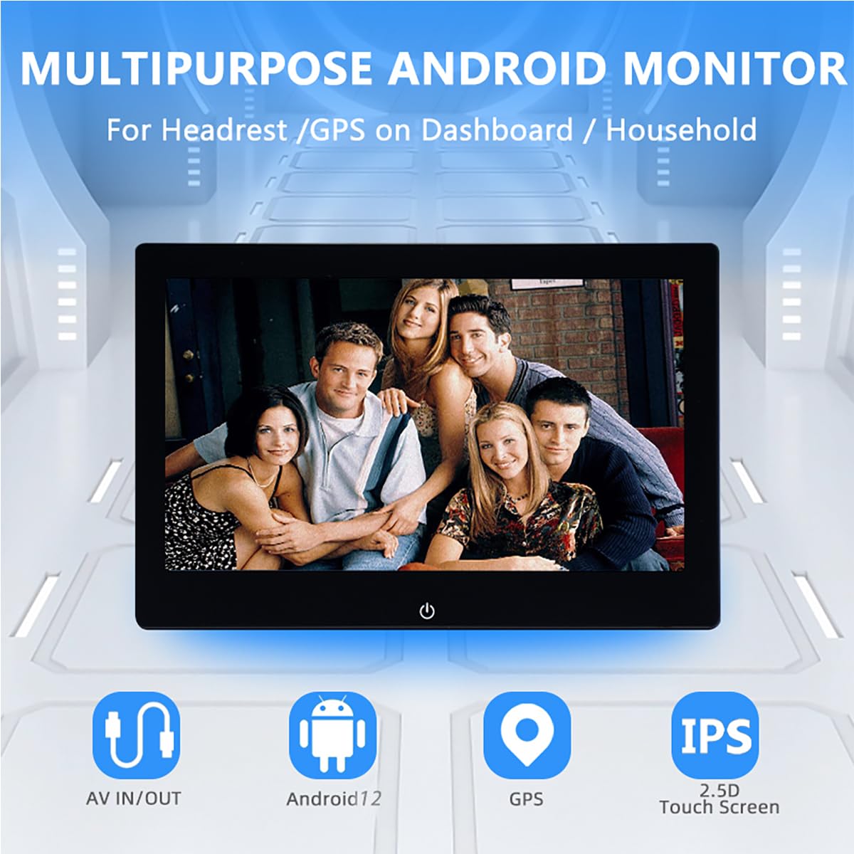 10.1 Inch 4K Android 12 Portable Car Headrest Monitor - Touch Screen Backseat Tablet with Wireless Mirroring, WiFi, Bluetooth, RCA/USB - 2GB RAM 32GB Storage - Perfect for Road Trips & Kids Entertainment