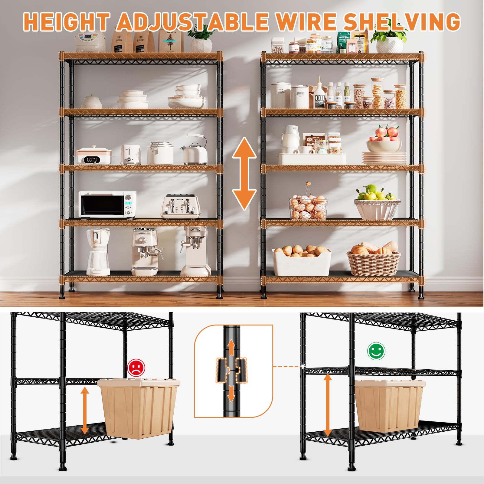 REIBII 5-Tier Adjustable Metal Wire Shelving Unit with Wheels & Feet - 15.7