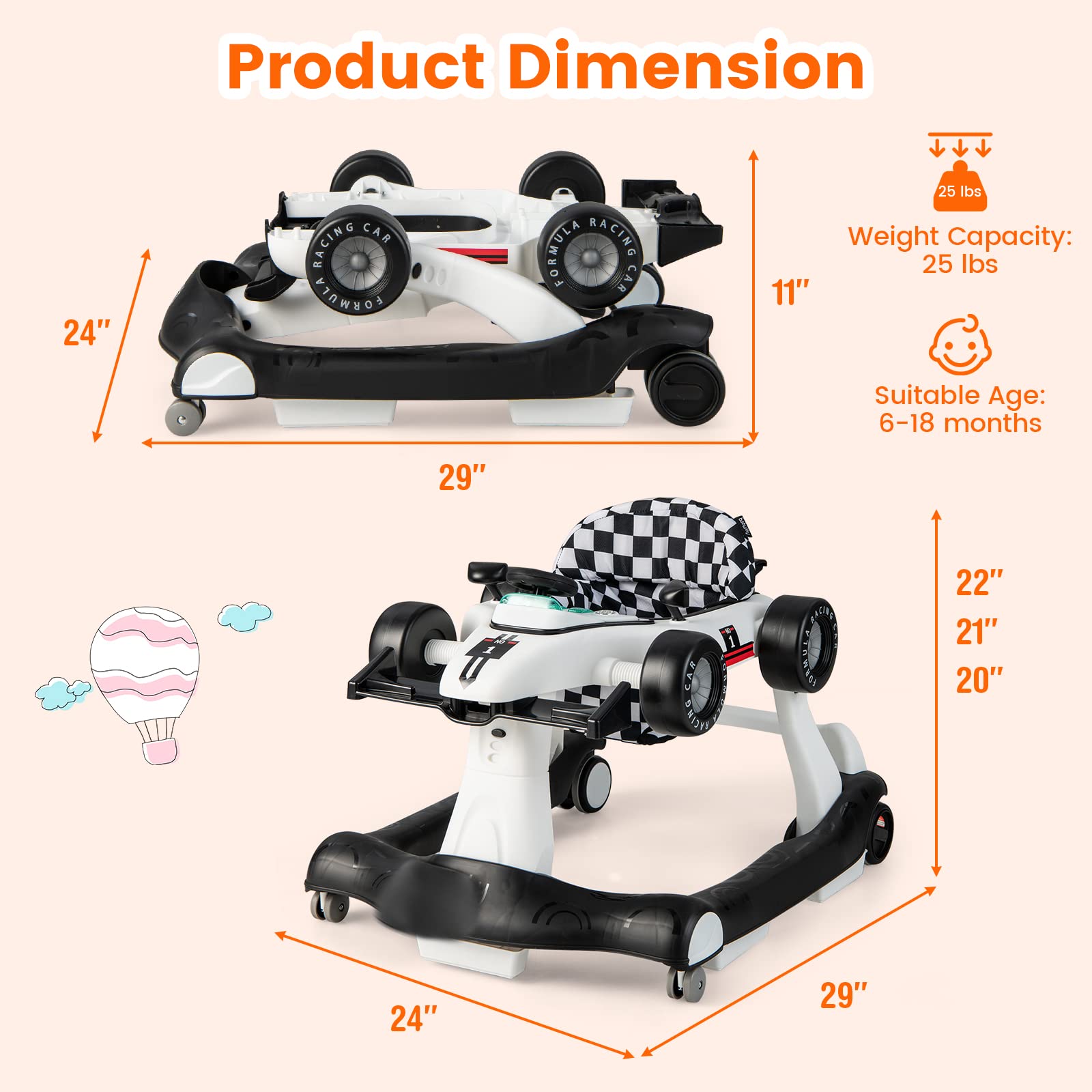 HONEY JOY 4-in-1 Baby Walker & Activity Push Walker with 3 Adjustable Heights, Smooth Wheels, Speed Control, Padded Seat, Music & Lights - Foldable Infant Walker for Boys & Girls 6-24 Months (White) - Perfect for Learning to Walk, Playtime & Indoor Activities