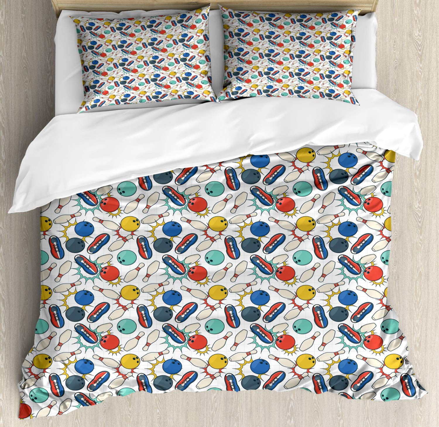 Ambesonne Bowling Duvet Cover Set - Retro Style Color Doodle Design with Ball Pins & Shoes on Notebook Sheet Backdrop | 2 Duvet Covers & 4 Pillowcases | Queen Size 2-Pack | Multicolor | Perfect for Bowling Enthusiasts & Vintage-Themed Bedrooms