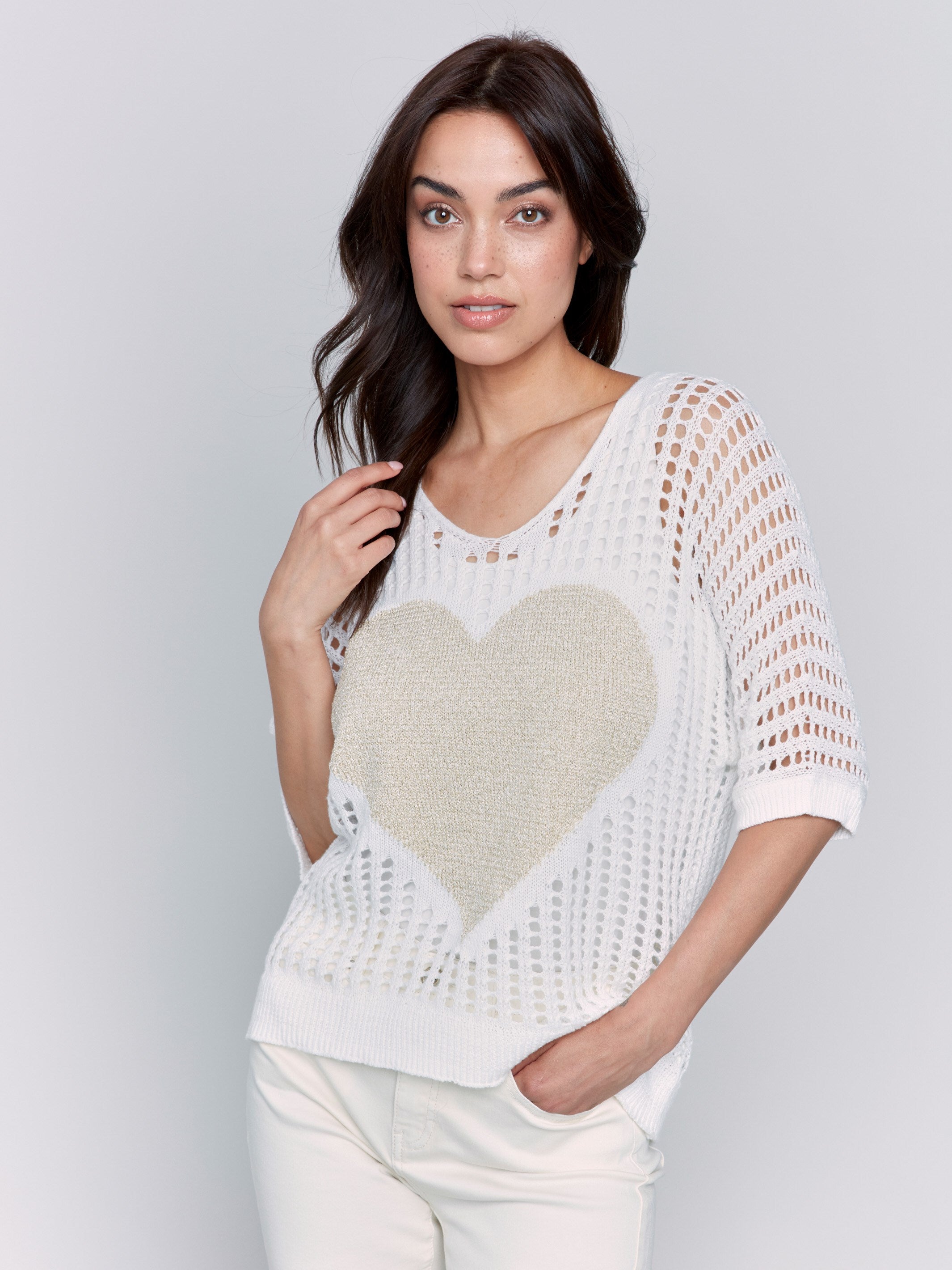 Stylish Fishnet V Neck Sweater with Gold Heart Charm - Trendy White Knit Top for Women | Perfect for Date Night, Party & Casual Outfits