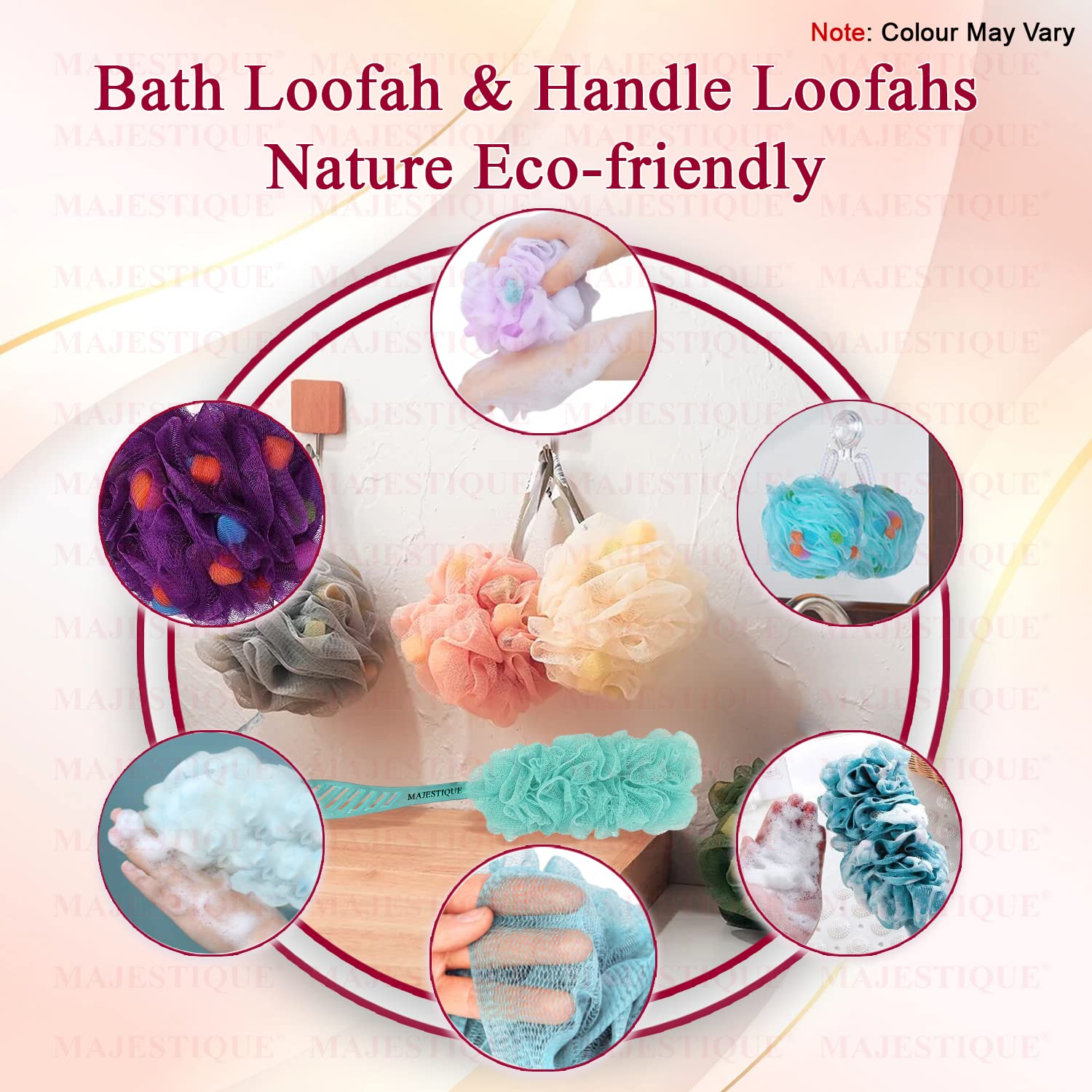 Majestique Round Body Sponge Loofah with Long Handle - Exfoliating Bath & Shower Sponge Set for Deep Cleansing & High Lather | Soft Loofah for Women, Men & Kids | Perfect for Daily Skincare & Gentle Exfoliation (2-Pack, Colors May Vary)
