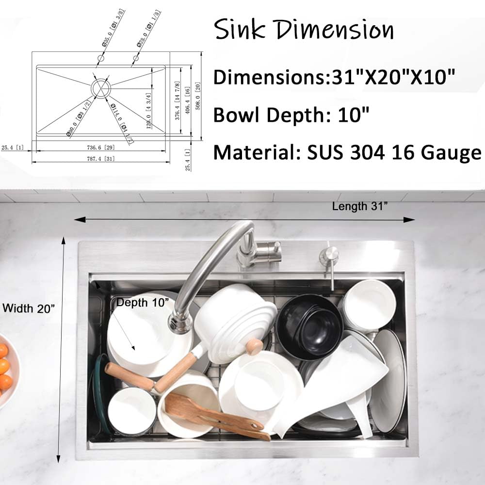 31x20 Inch Stainless Steel Single Bowl Drop-In Kitchen Sink Workstation - 16 Gauge Handmade Topmount Sink with Cutting Board | Perfect for Food Prep, Dishwashing & Small Kitchen Spaces
