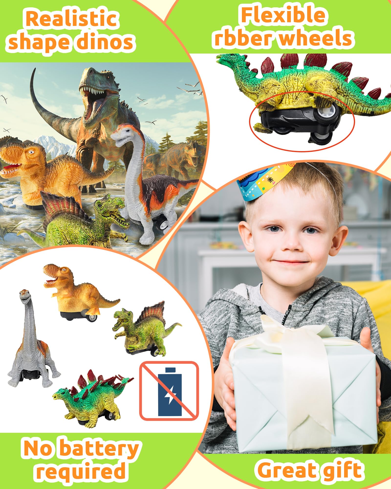 Greingways 4 Pack Dinosaur Pull Back Toy Cars - Prefilled Plastic Easter Eggs with Surprise Toys Inside, Easter Basket Stuffers for Toddlers, Montessori Learning Toys | Perfect for Easter Gifts, Birthday Party Favors, Classroom Rewards & Kids Playtime (Boys & Girls)