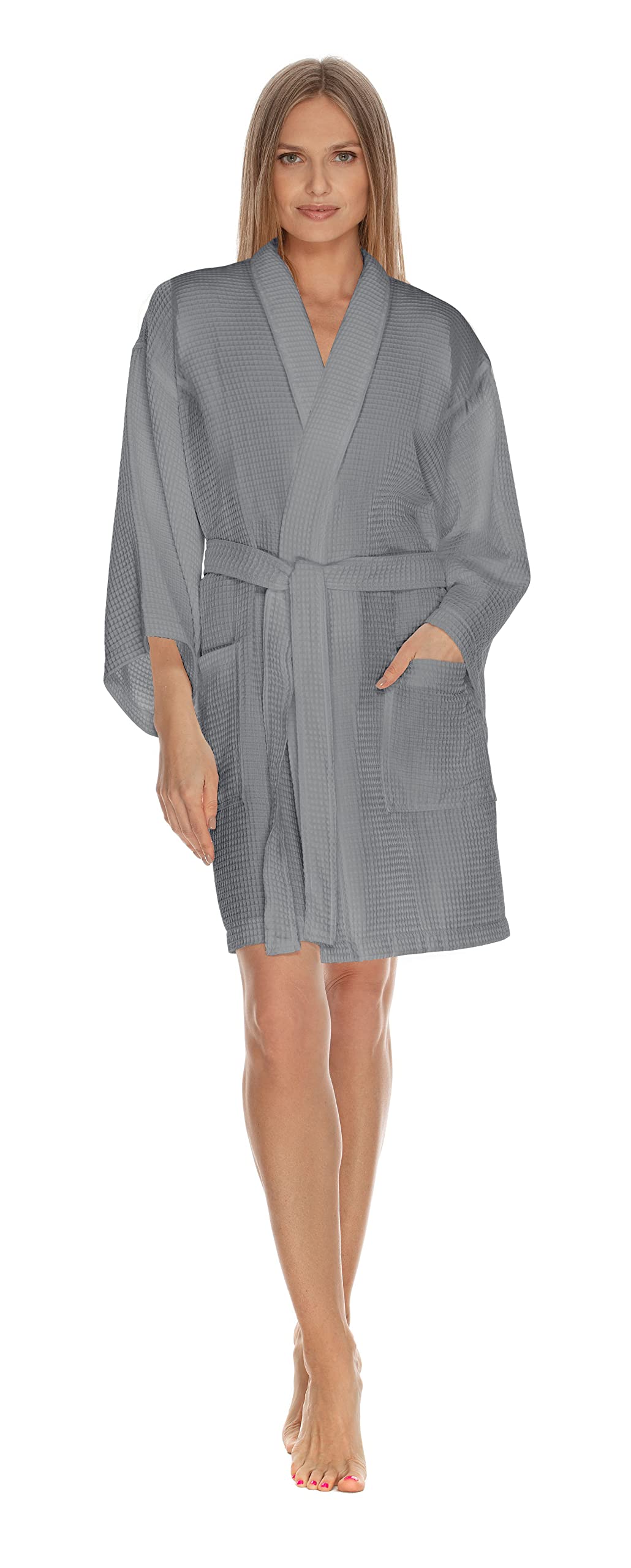 Boca Terry Women's Waffle Robe - Knee Length Lightweight Kimono Bathrobe for Spa, Lounge & Home Relaxation