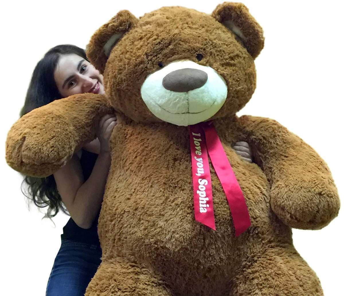Custom Personalized 5 Foot Giant Teddy Bear with Name Engraving - Large Smiling Stuffed Animal with Ribbon Bow & Bigfoot Paws in Cookie Dough Brown - Perfect for Birthdays, Anniversaries, and Valentine's Day Gifts