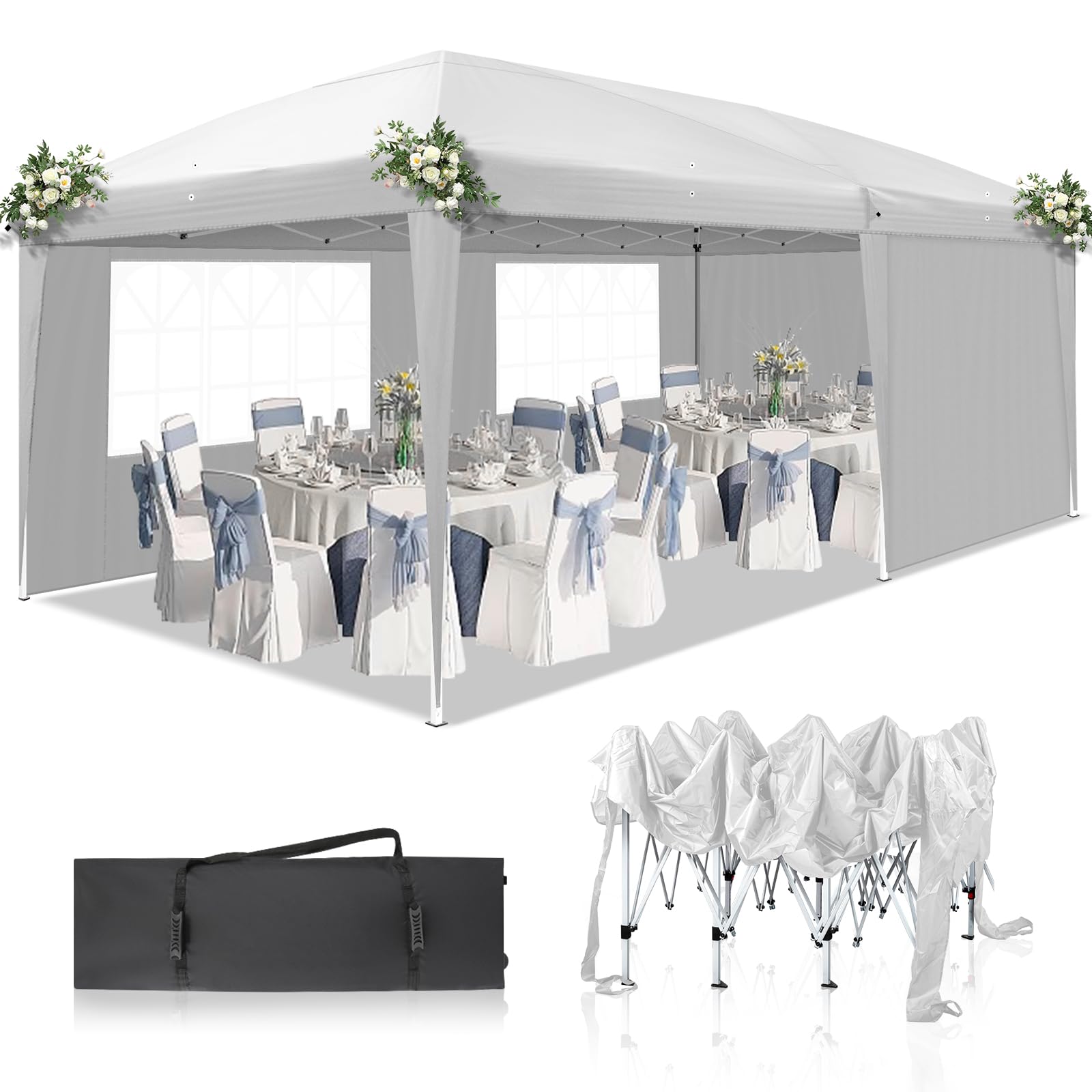 10' x 20' Pop Up Canopy Tent with Removable Sidewalls & Carry Bag - Waterproof Instant Shelter with Transparent Windows - Portable Easy Setup Canopy for Commercial Use, Backyard Parties, Outdoor Events & Patio Gatherings - Perfect for Weddings, Farmers Markets & Beach Picnics (White)