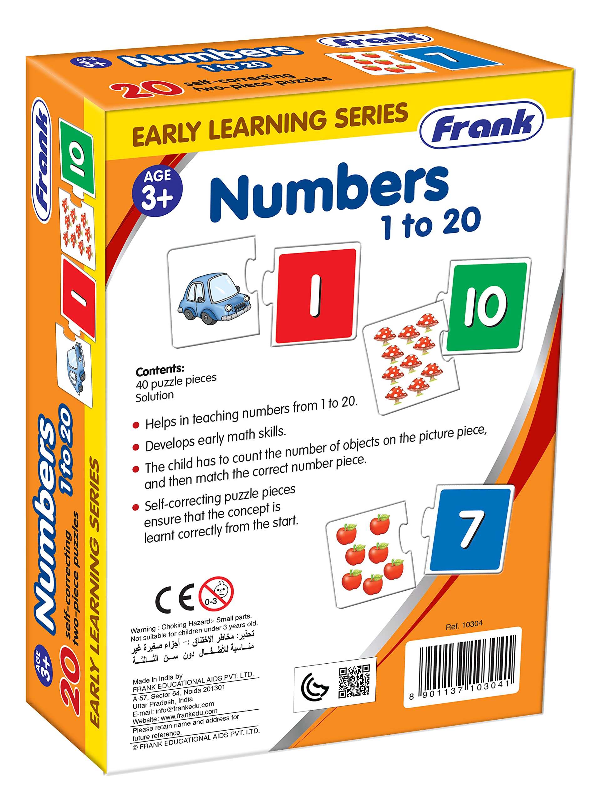 Frank Numbers 1-20 Educational Puzzle Set (40 Pieces) - Self-Correcting Jigsaw Puzzles for Kids Ages 3+ - Early Learning Math Toys with Number Images - Perfect for Preschool Classroom & Homeschool Activities