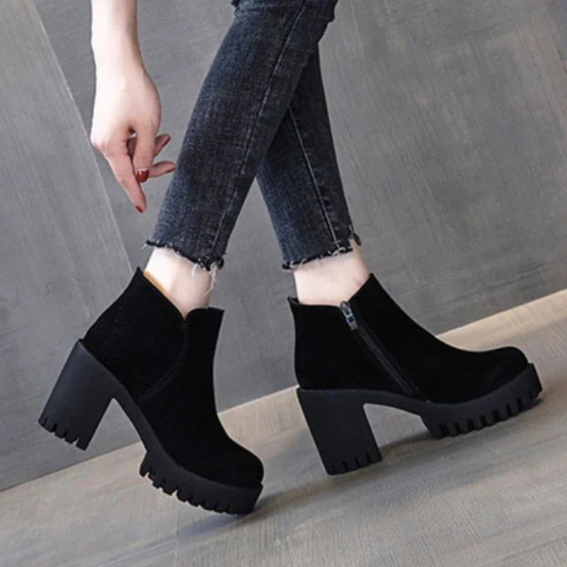 Punk Style Black Suede Ankle Boots for Women - High Heel Combat Booties, Winter Fashion Footwear | Perfect for Night Out, Parties & Edgy Street Style