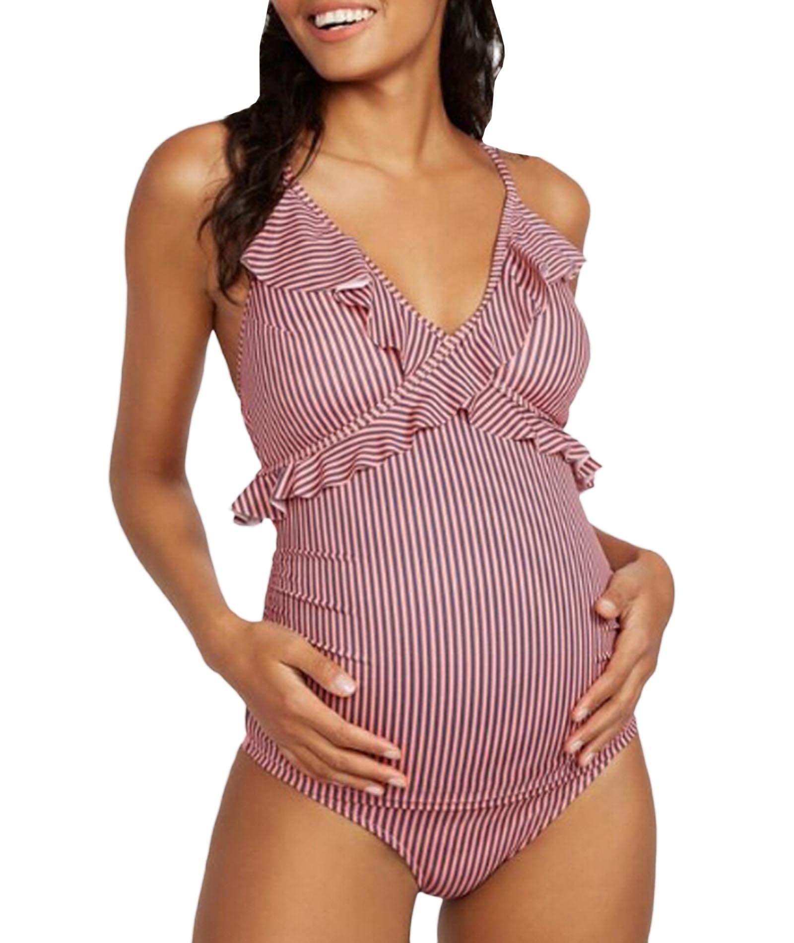 BERTHYFAI Plus Size Striped Maternity Swimsuits for Women - One Piece V Neck Pregnancy Swimwear with Ruffle Detail | Comfortable Maternity Bikini for Beach, Pool & Vacation