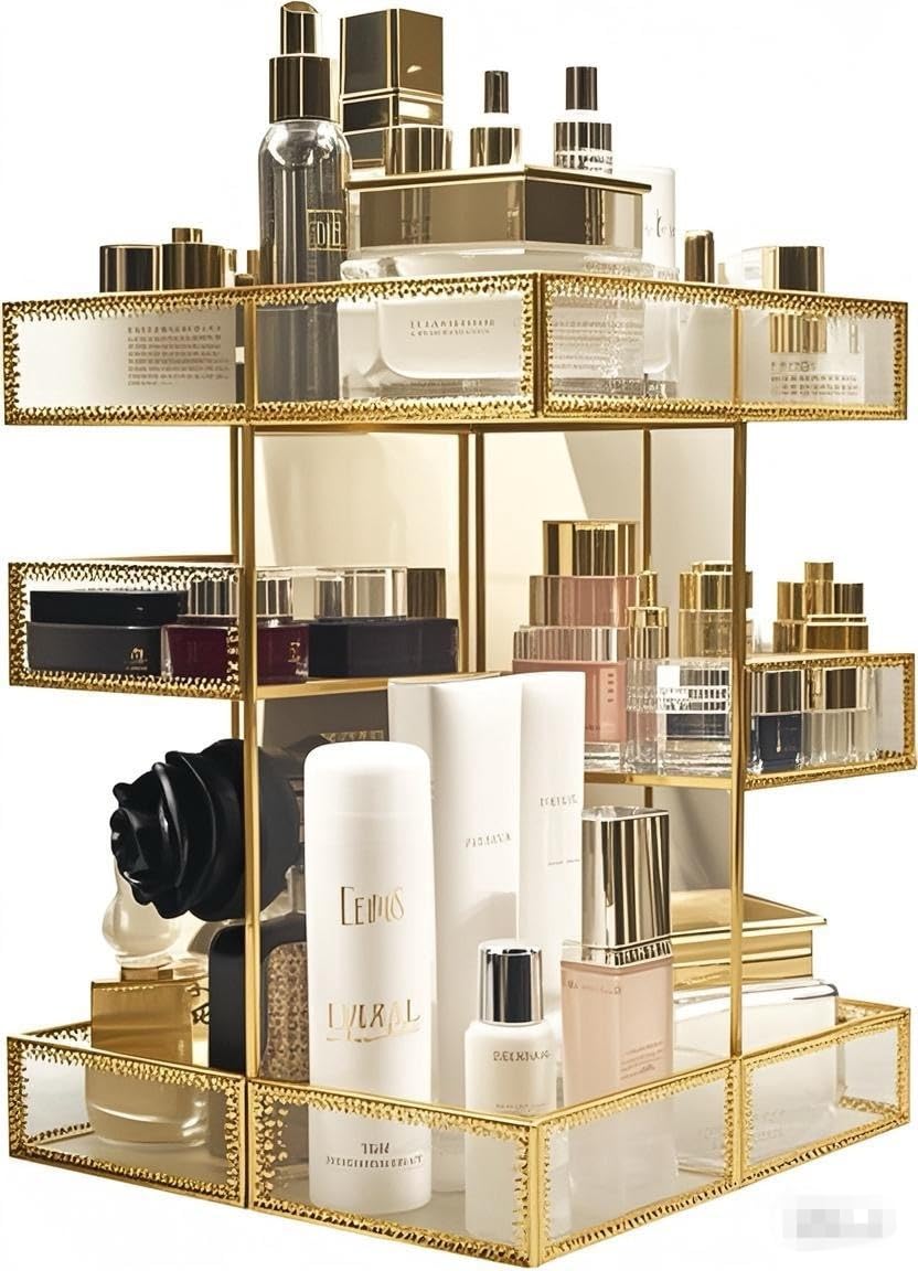 360 Degree Rotating Makeup Organizer with Mirror - Large Capacity Cosmetic Storage Box for Brushes, Lipsticks & Skincare | Vintage Gold Countertop Display | Perfect for Vanity, Bathroom & Dressing Table Organization