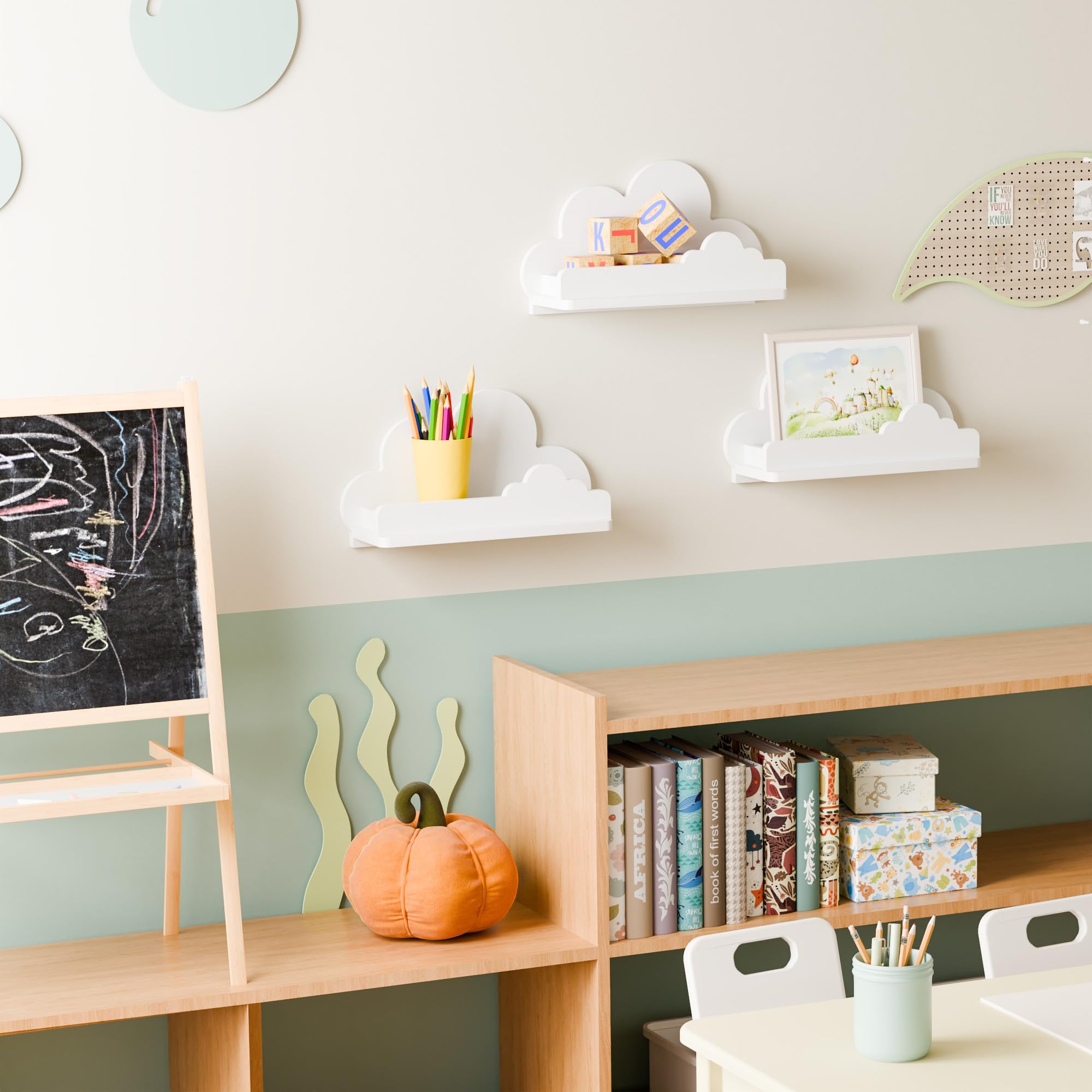 Beskadi Set of 3 White Cloud Floating Shelves - Wall Mounted Nursery Decor for Kids Room, Bookshelf & Display Shelf for Toys, Plants & Storage - Perfect for Bedroom, Playroom & Nursery Organization