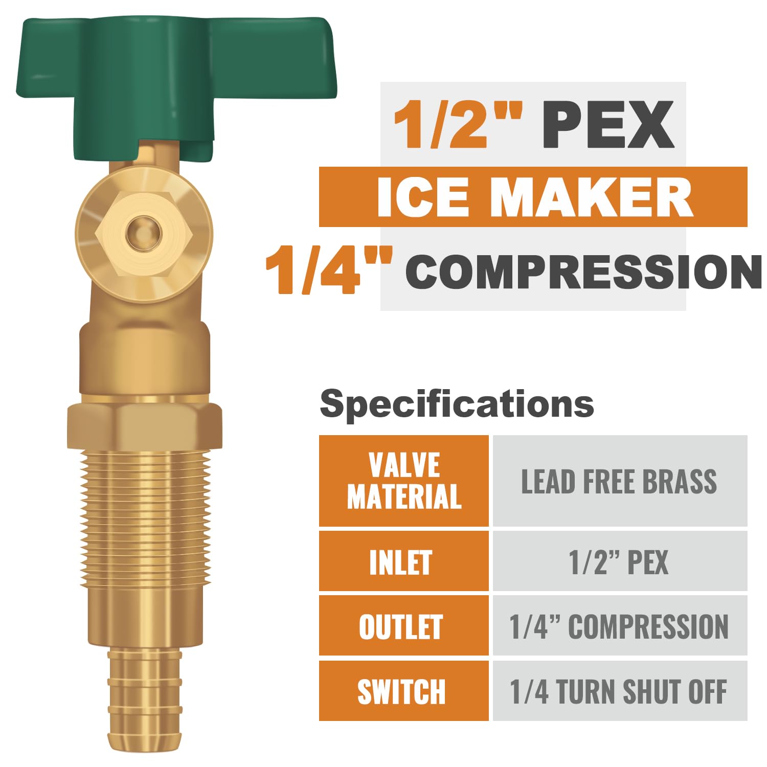 1/2 Inch PEX Crimp Inlet x 1/4 Inch OD Compression Outlet Ice Maker Valve Wall Box with 2 Crimp Rings - SUNGATOR Ice Maker Outlet Box for Refrigerator & Under Sink Installation