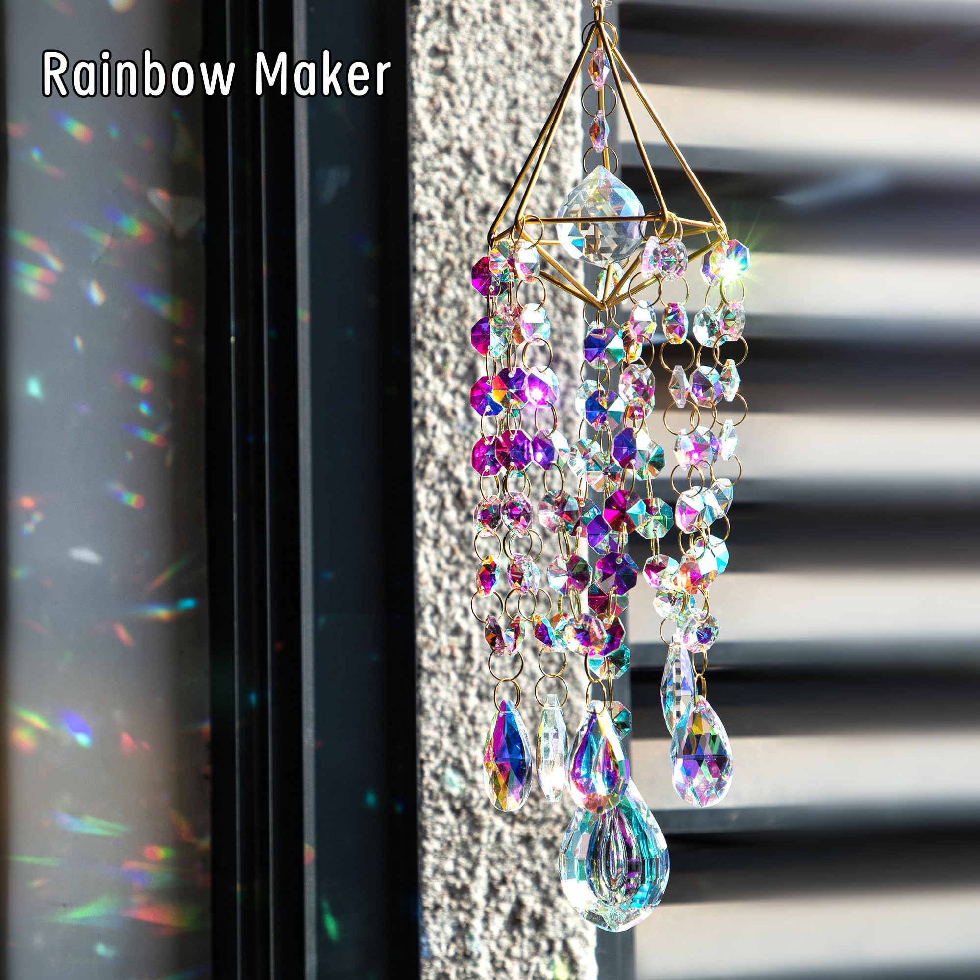 Handmade Gold Plated Crystal Suncatchers for Windows - Rainbow Maker Wind Chime Style Garden Decor for Indoor & Outdoor Use | Perfect for Living Room, Bedroom, Patio, and Gift Giving