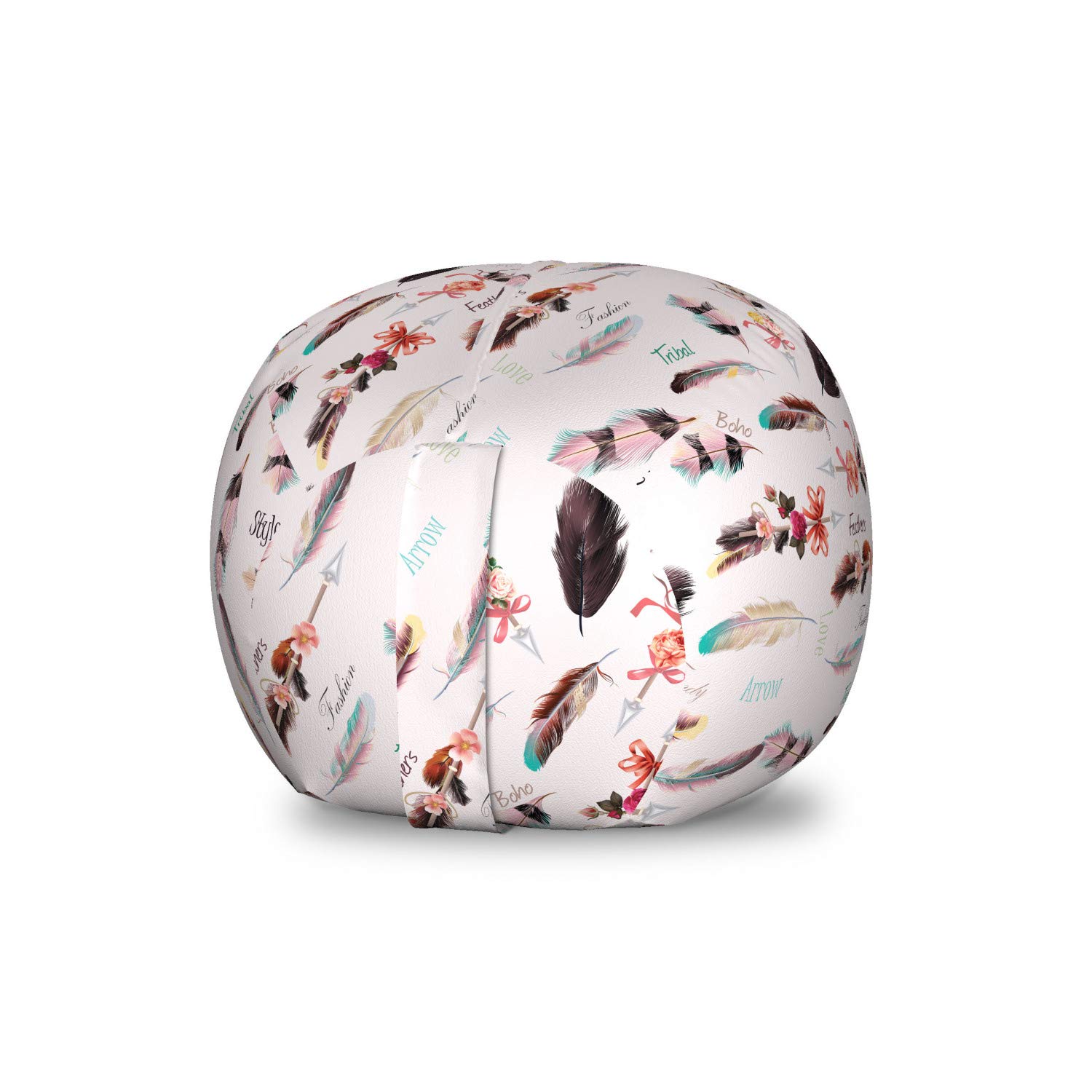 Ambesonne Bohemian Storage Toy Bag Chair - Vintage Style Floral Feathers & Ribbons Design, Washable Stuffed Animal Organizer, Small Multicolor Kids' Room Decor | Perfect for Nursery, Playroom & Bedroom Organization