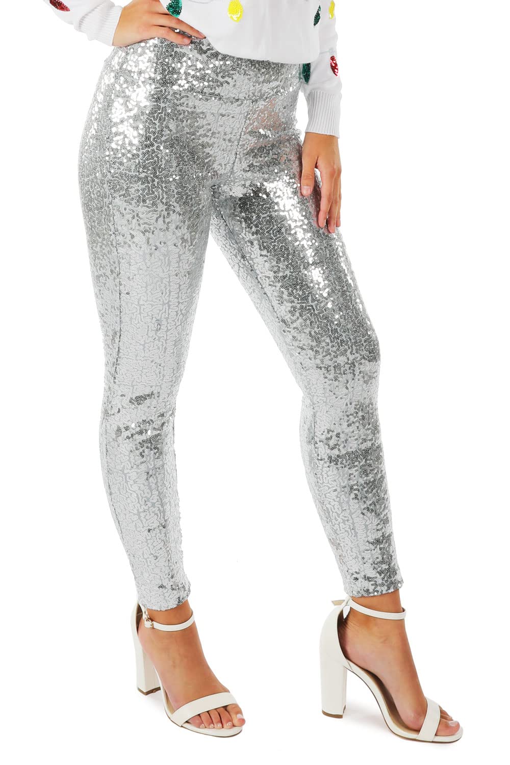 Shiny Sequin Leggings for Women - Glam Holiday Party Pants, Christmas Costume & Festive Outfit - Perfect for New Year's Eve, Bachelorette Parties & Nightclub Wear