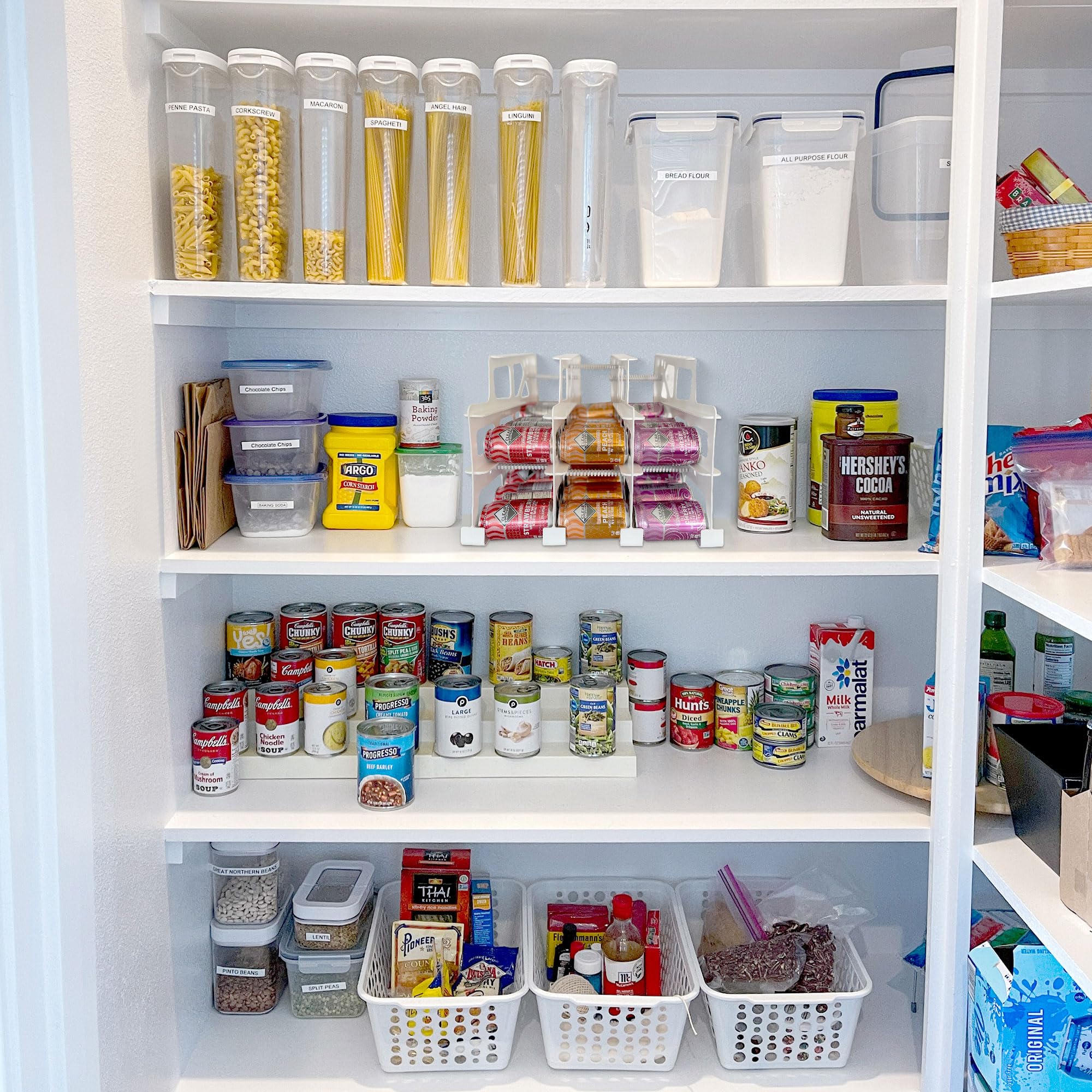 FIFO Can Organizer for Pantry - Stackable & Adjustable Canned Food Storage Rack Holds 54 Standard 10-15oz Cans | White Rotating Soda Can Dispenser for Kitchen Countertop (4 Pack) | Perfect for Organizing Canned Goods, Beverages & Pantry Items