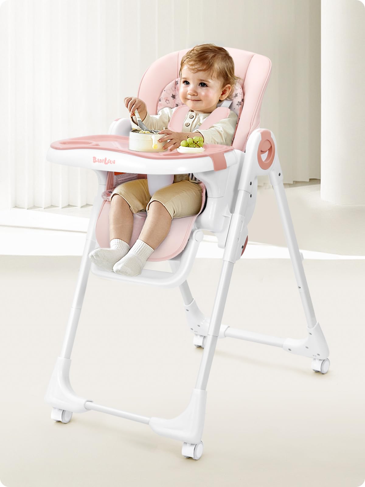 Convertible High Chair for Babies & Toddlers - Adjustable Foldable Baby Dining Chair with Backrest, Footrest & Tray | Lockable Wheels | Star Pink | Perfect for Home, Restaurant & Travel Use