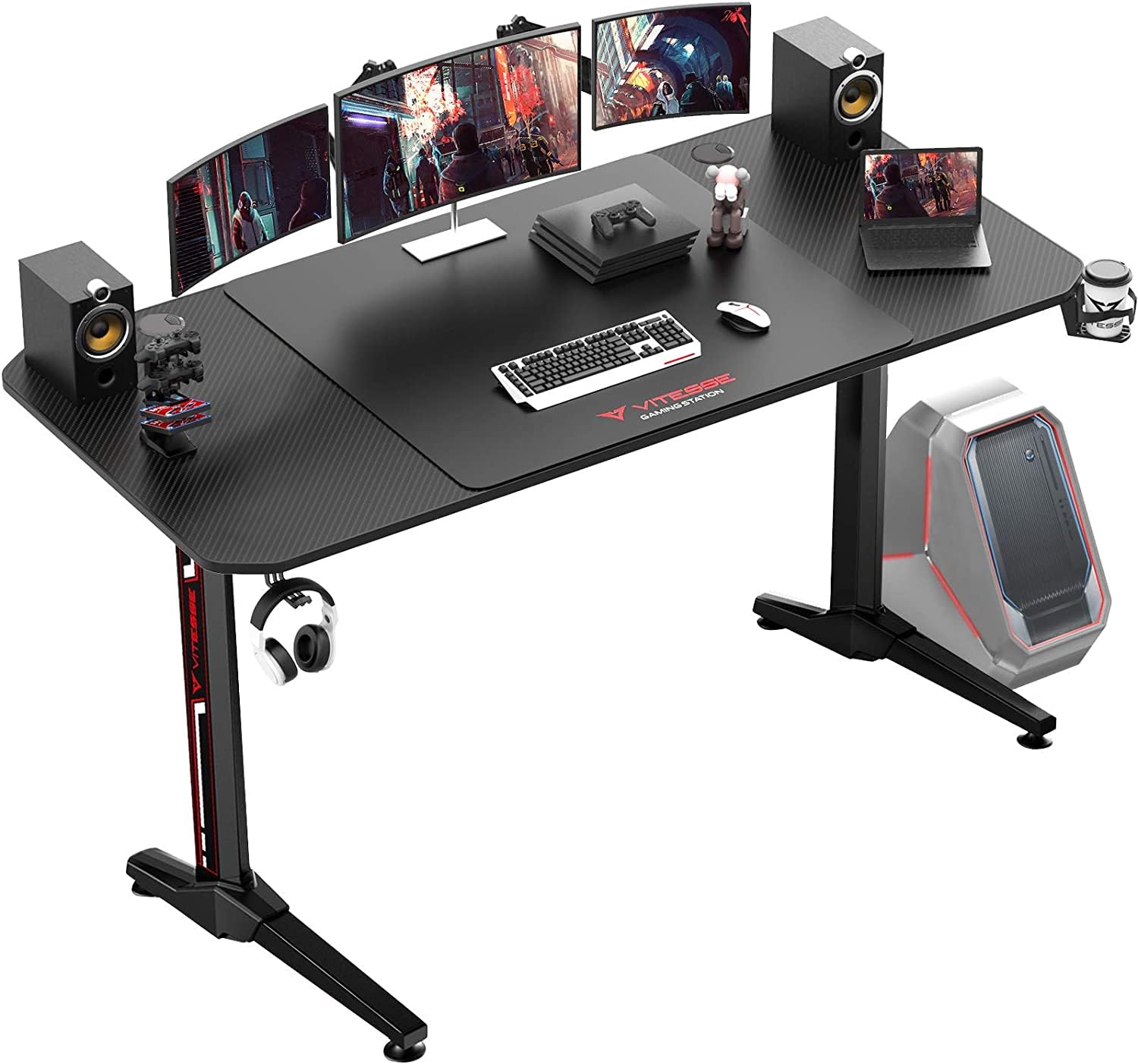 VITESSE 63 Inch Ergonomic Gaming Desk with Mouse Pad, Handle Rack & Cup Holder - Perfect for PC Gamers, Streamers & Esports Enthusiasts - Ideal for Home Office, Gaming Setup & Battle Station Organization