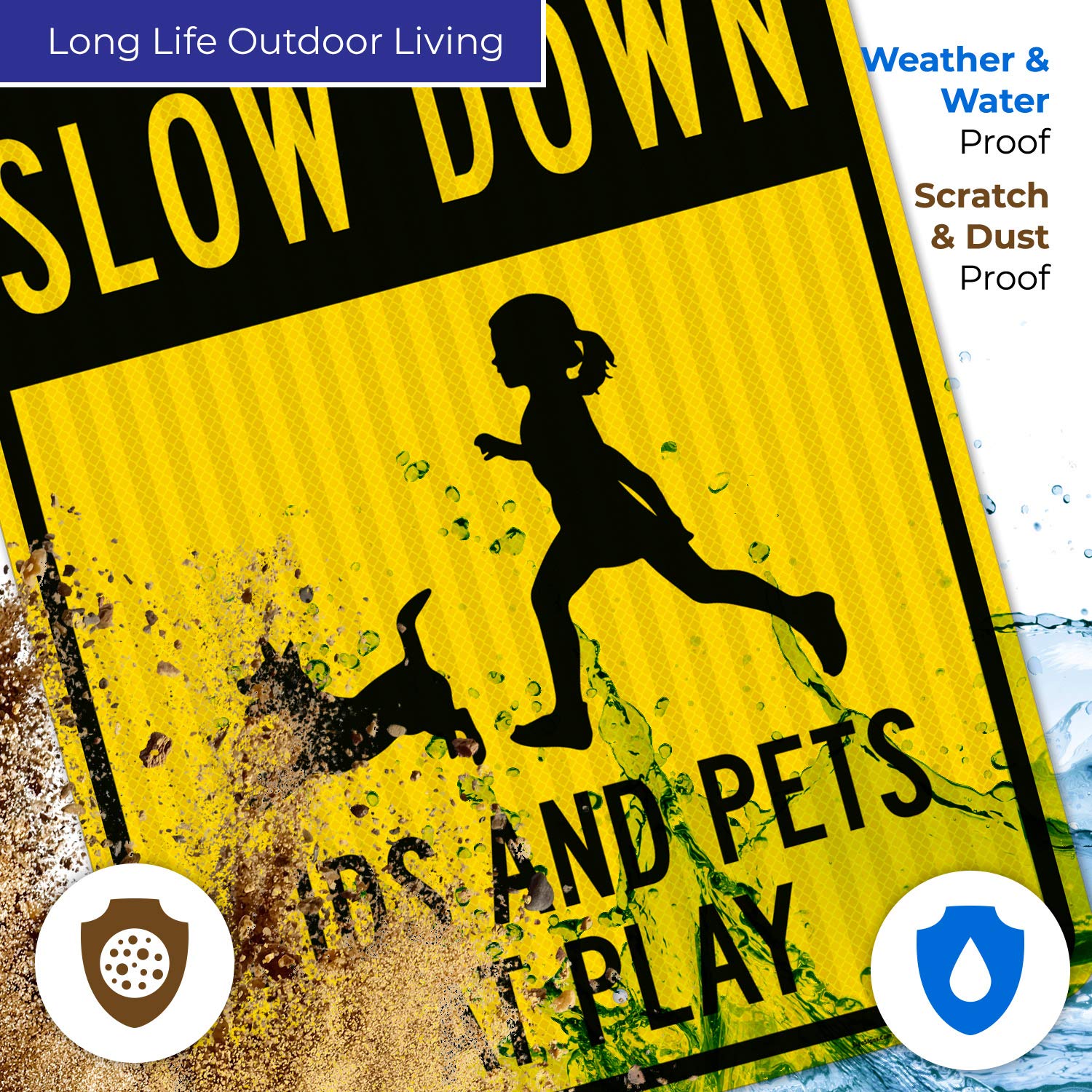 Slow Down Kids and Pets at Play Sign - 24x30 Inches Reflective Aluminum Traffic Warning Sign - 3M EGP Reflective .080 Aluminum, Fade Resistant - Perfect for Neighborhoods, Schools & Play Areas - Indoor/Outdoor Use - Made in USA